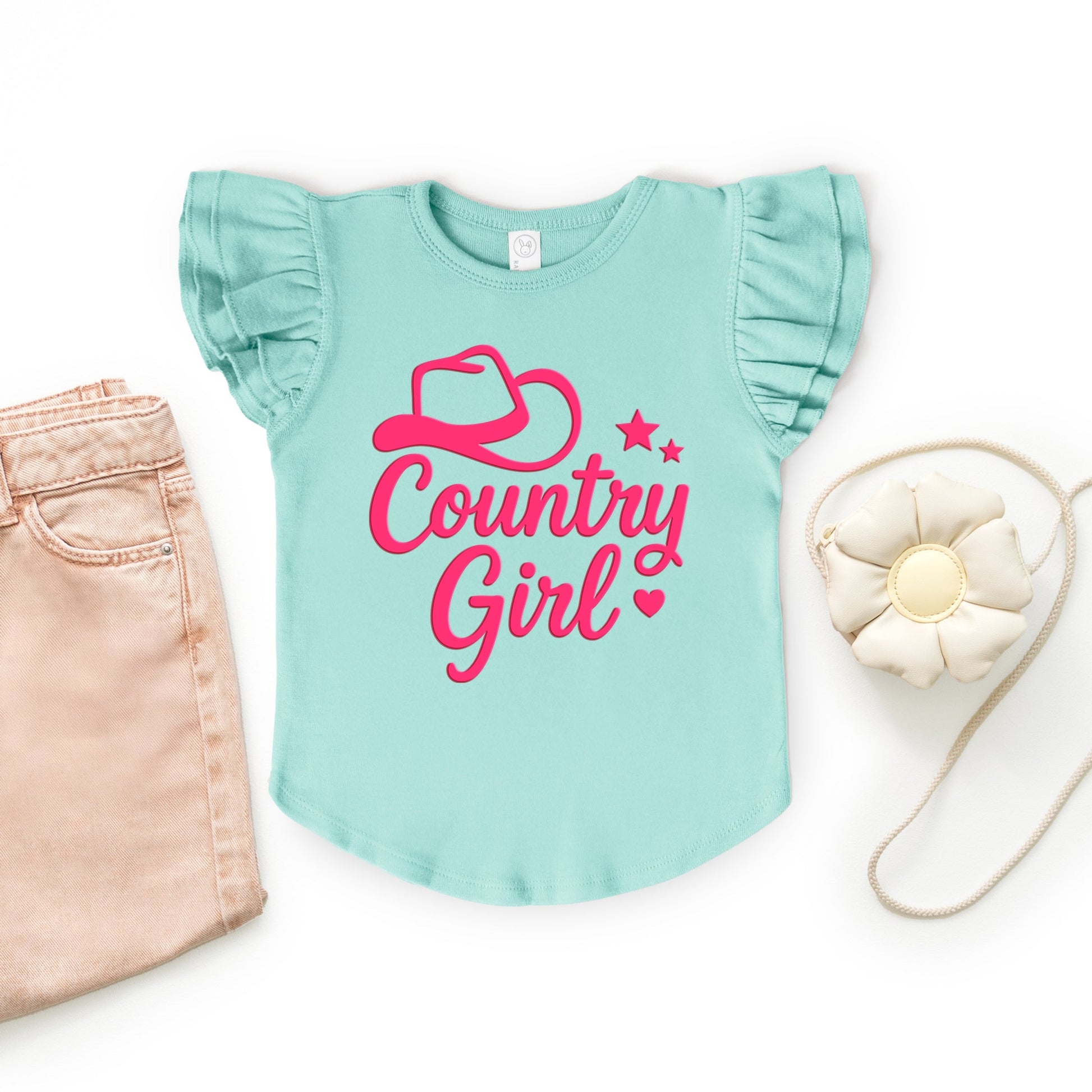 Country Girl Hat Puff Print  - Flutter Sleeve Graphic T-Shirt