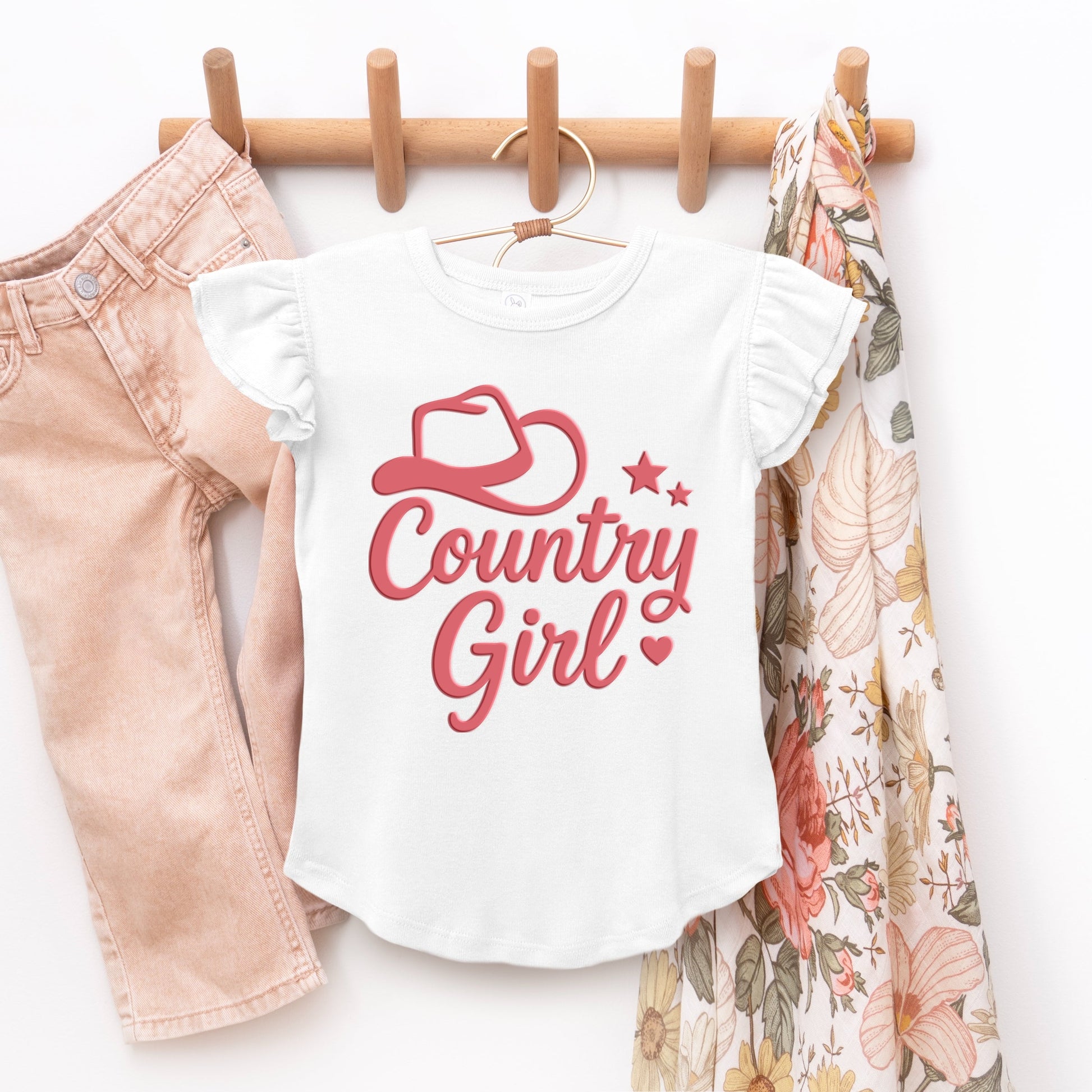 Country Girl Hat Puff Print  - Flutter Sleeve Graphic T-Shirt