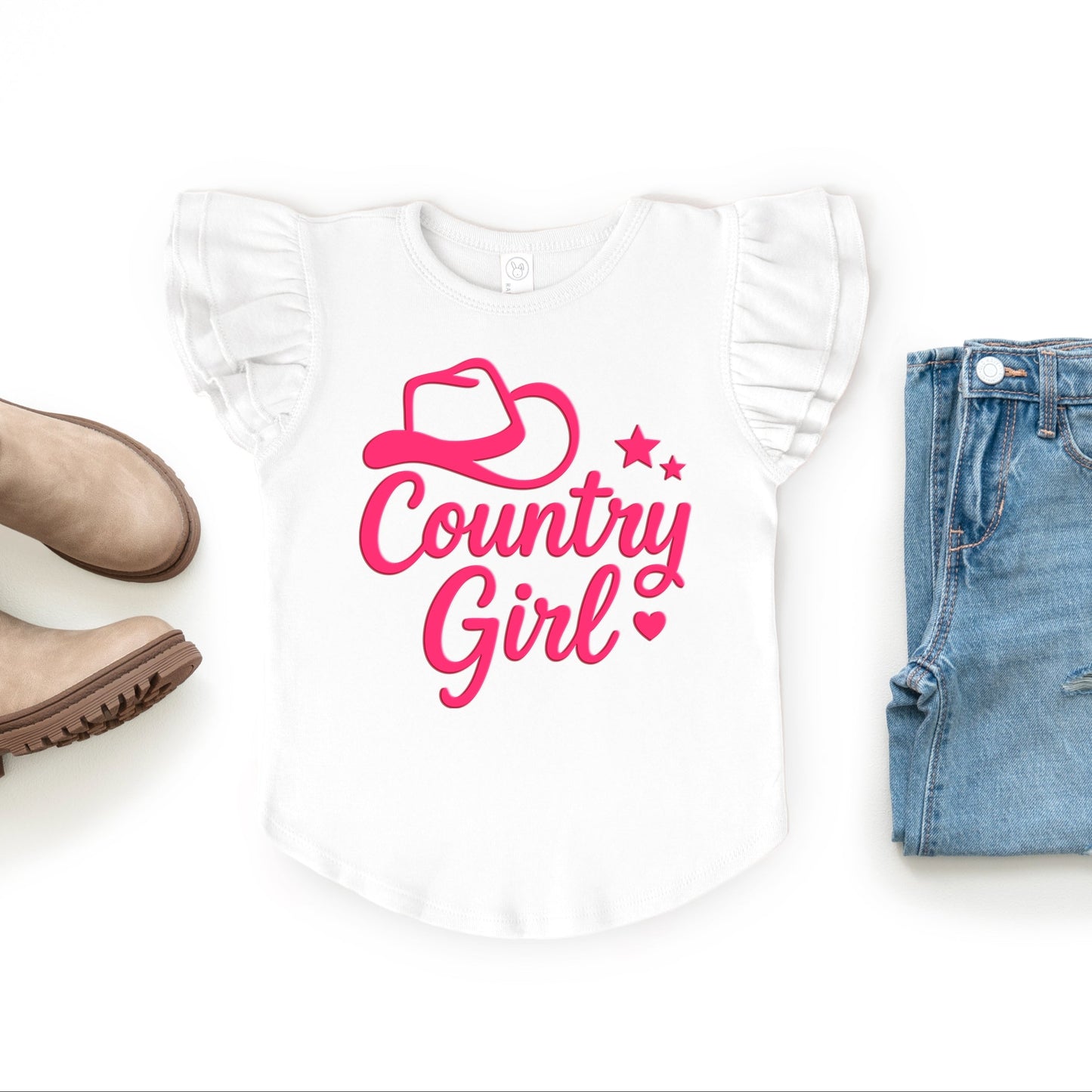 Country Girl Hat Puff Print  - Flutter Sleeve Graphic T-Shirt