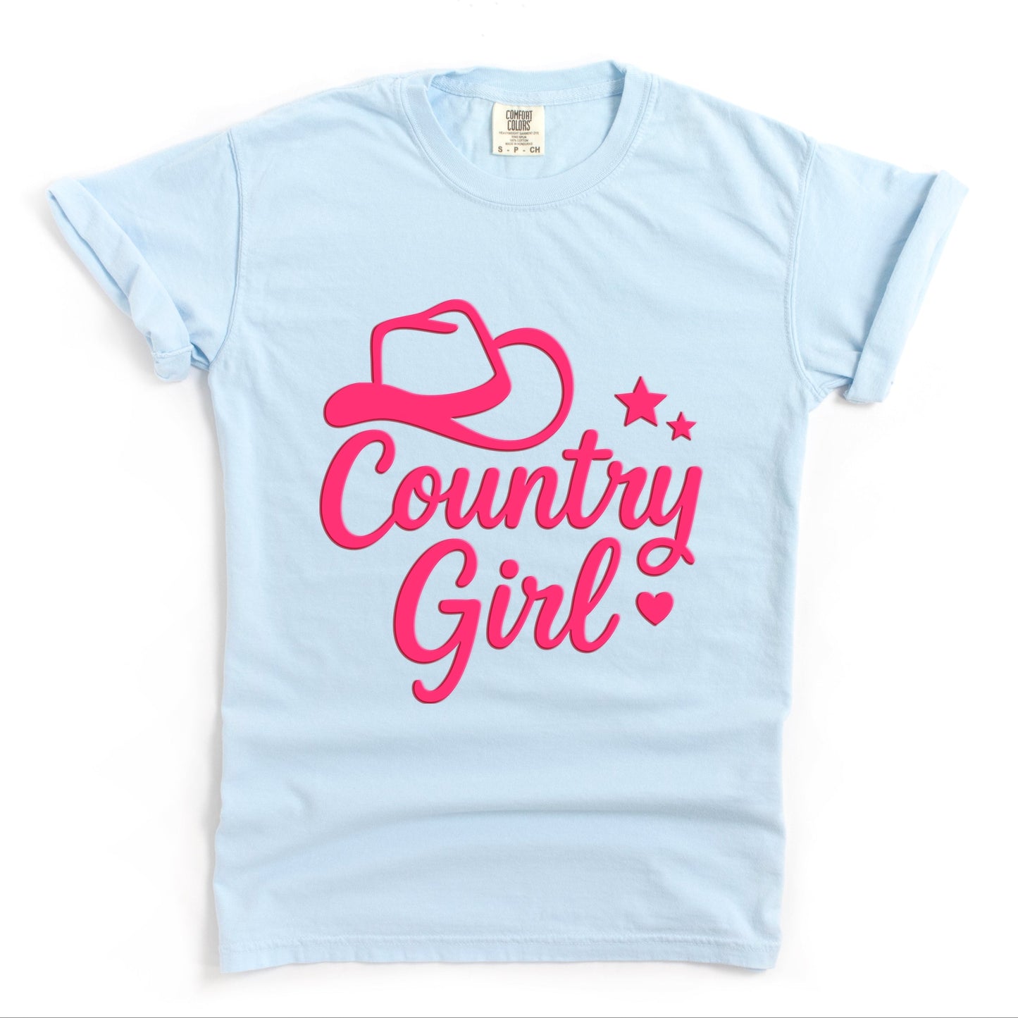 Country Girl Hat Puff Print  - Womens Garment Dyed Graphic T-Shirt