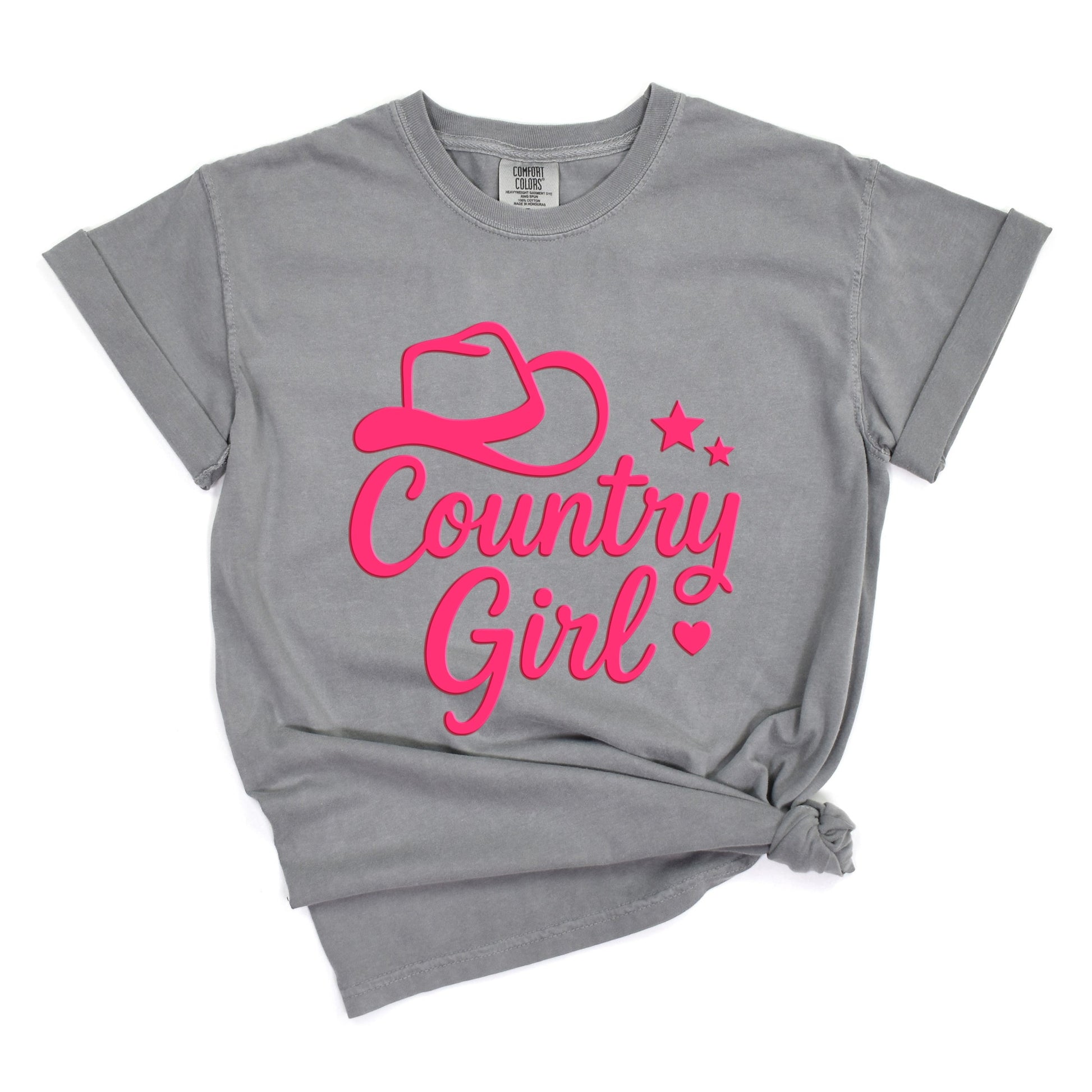 Country Girl Hat Puff Print  - Womens Garment Dyed Graphic T-Shirt