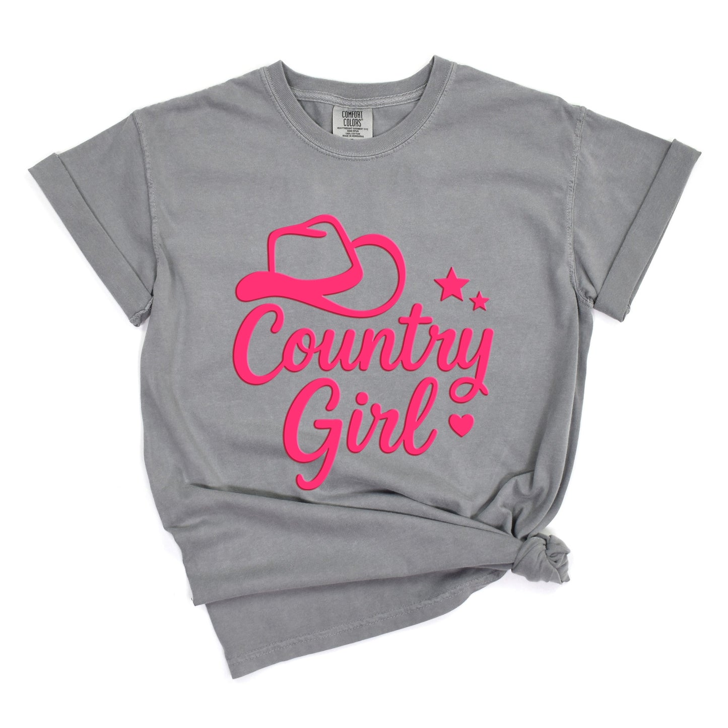 Country Girl Hat Puff Print  - Womens Garment Dyed Graphic T-Shirt