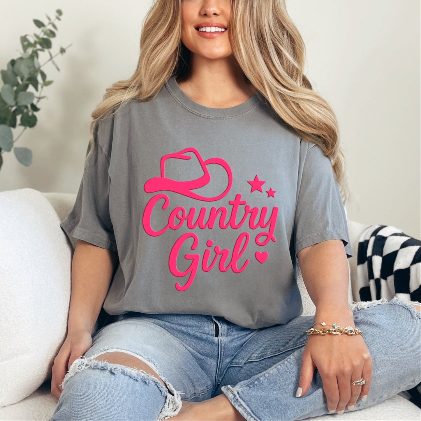 Country Girl Hat Puff Print  - Womens Garment Dyed Graphic T-Shirt