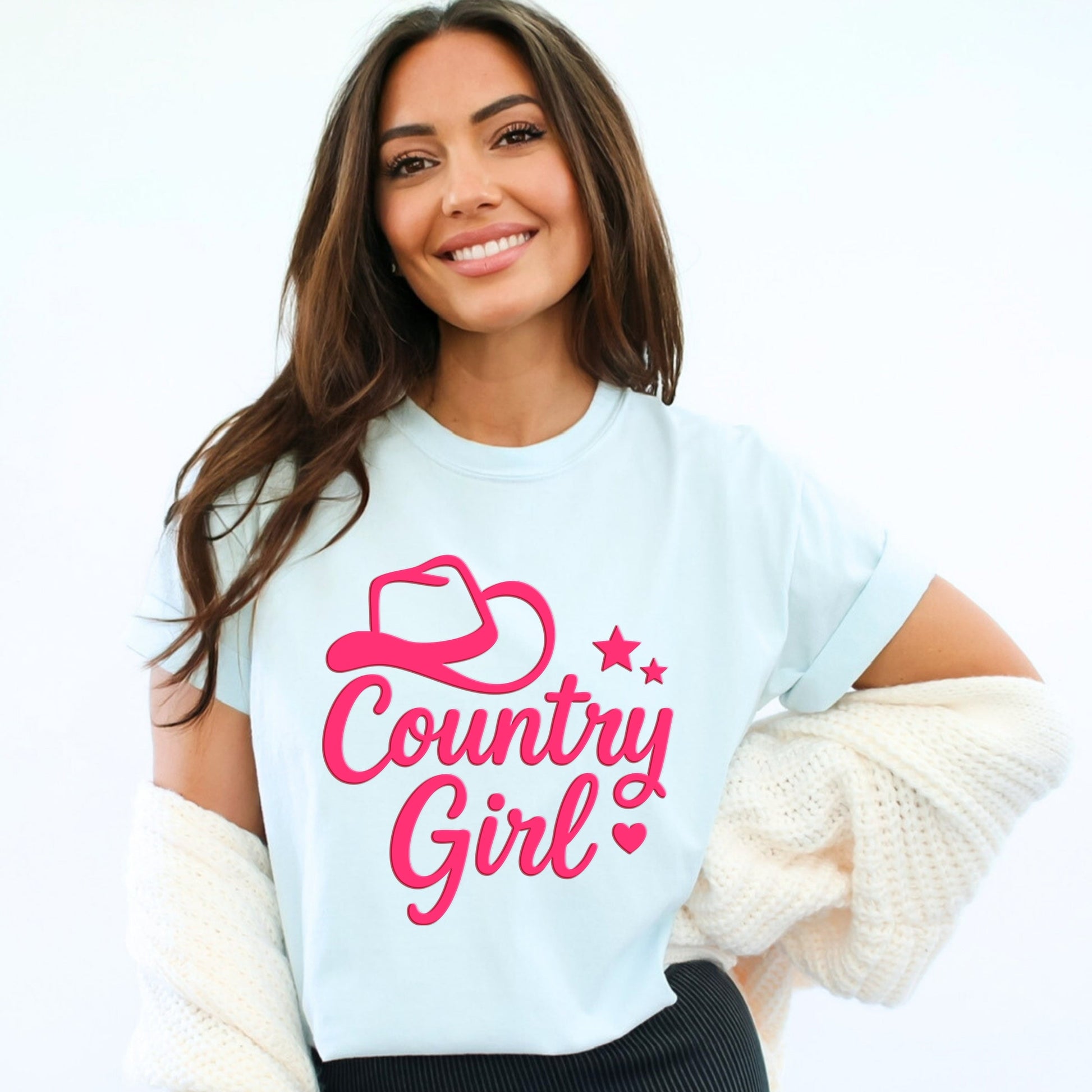 Country Girl Hat Puff Print  - Womens Garment Dyed Graphic T-Shirt