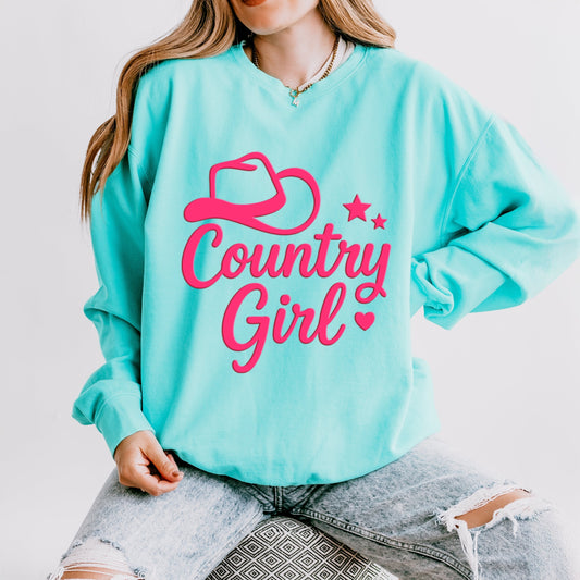 Country Girl Hat Puff Print  - Womens Lightweight Garment Dyed Sweatshirt