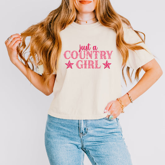 Just A Country Girl Stars Glitter/Puff Print - Womens Boxy Crop Top Graphic T-Shirt