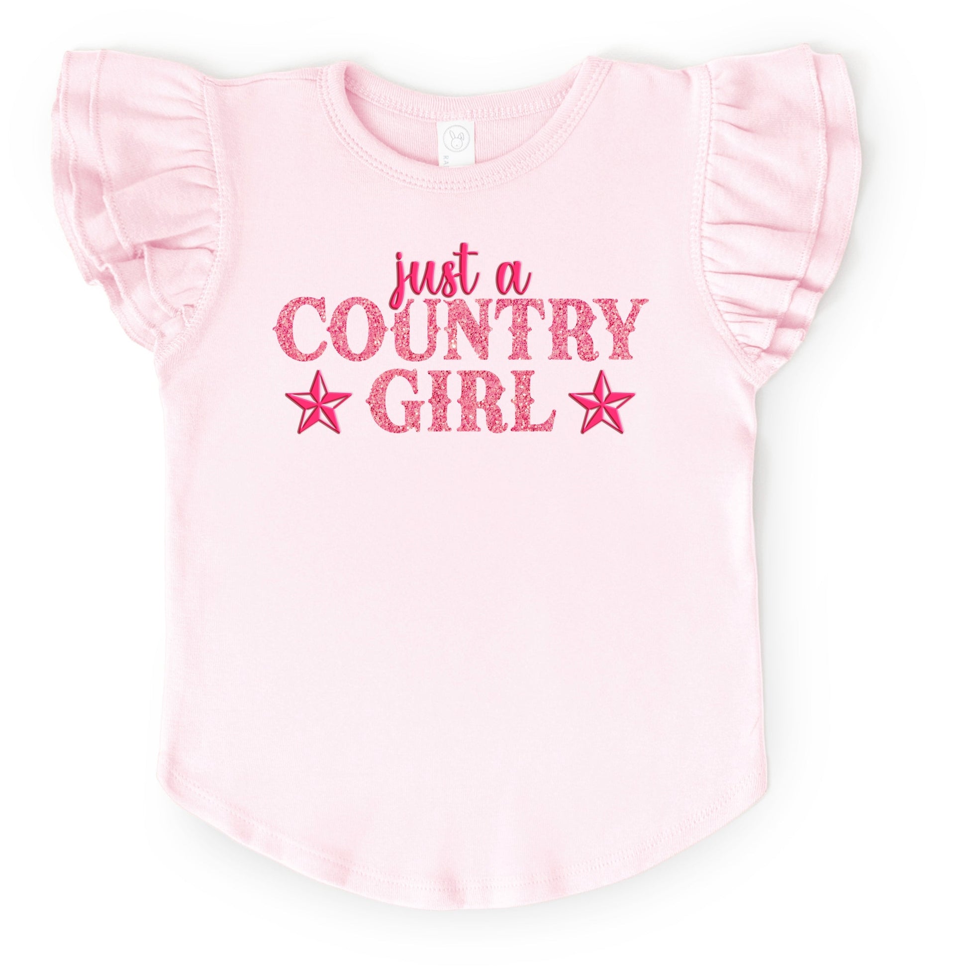 Just A Country Girl Stars Glitter/Puff Print - Flutter Sleeve Graphic T-Shirt