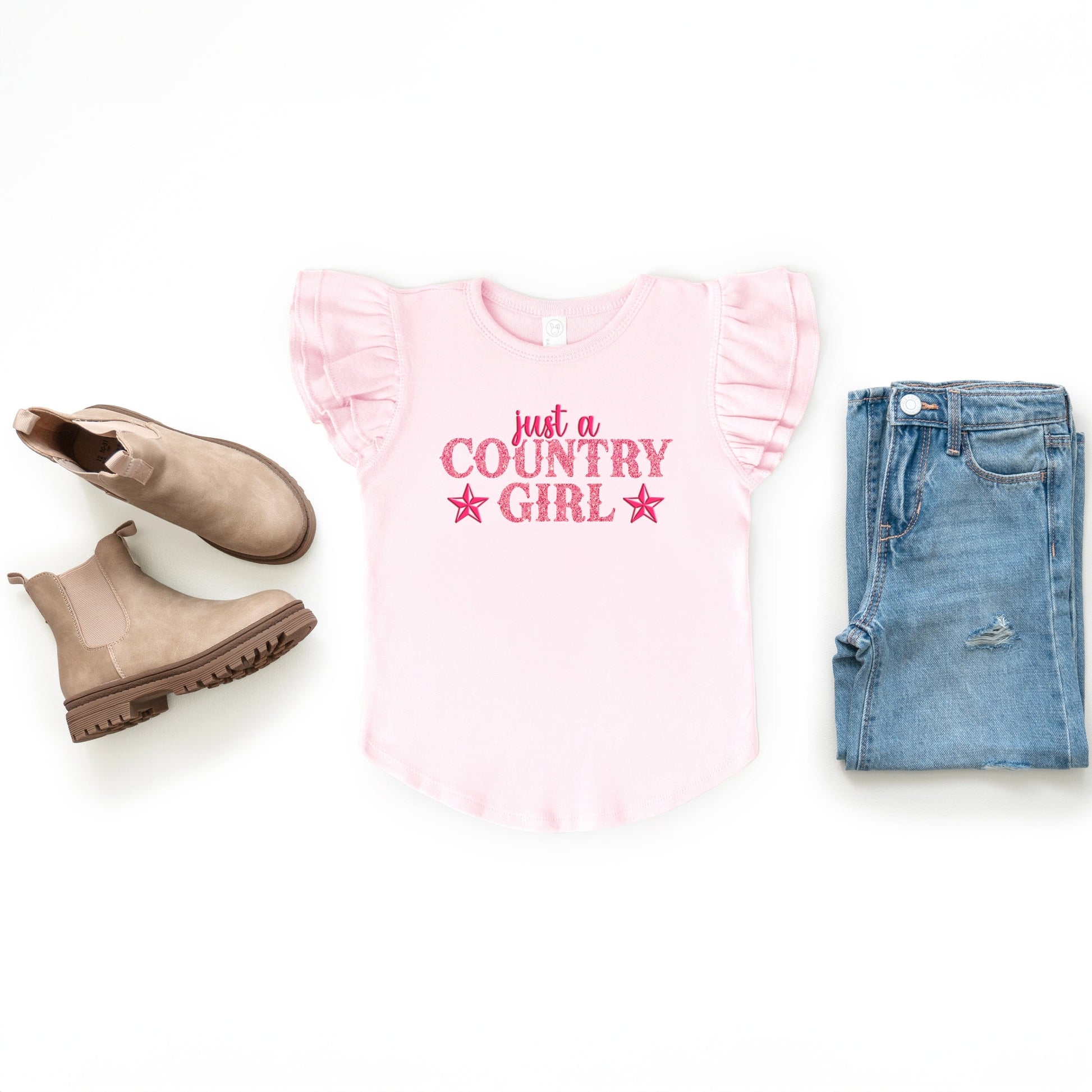 Just A Country Girl Stars Glitter/Puff Print - Flutter Sleeve Graphic T-Shirt