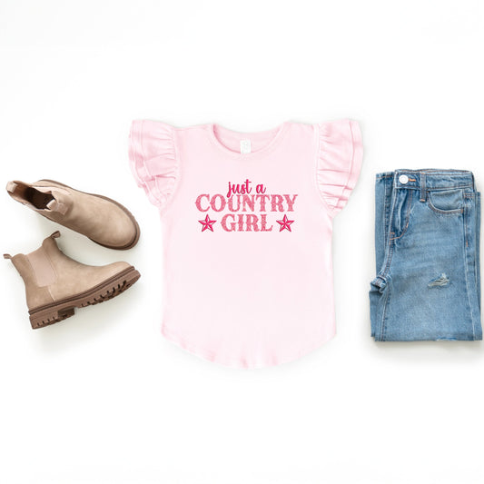 Just A Country Girl Stars Glitter/Puff Print - Flutter Sleeve Graphic T-Shirt