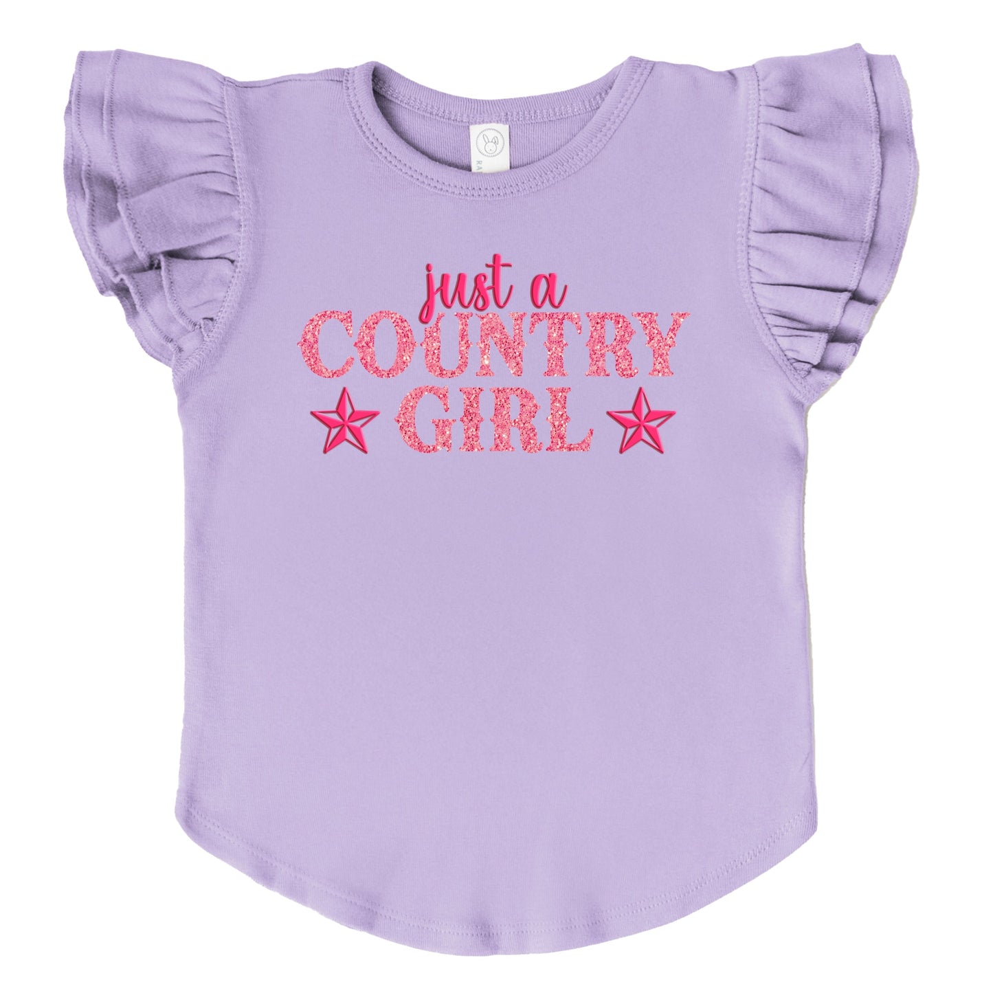 Just A Country Girl Stars Glitter/Puff Print - Flutter Sleeve Graphic T-Shirt