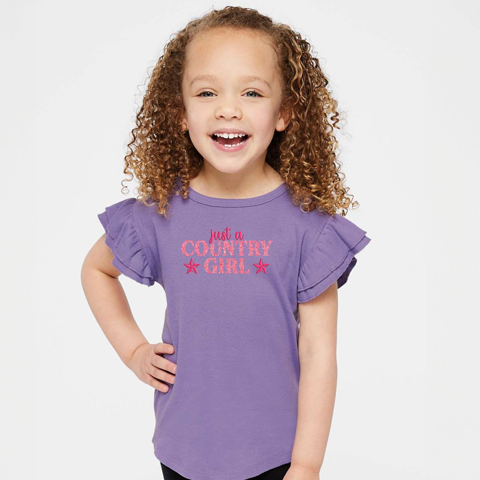 Just A Country Girl Stars Glitter/Puff Print - Flutter Sleeve Graphic T-Shirt