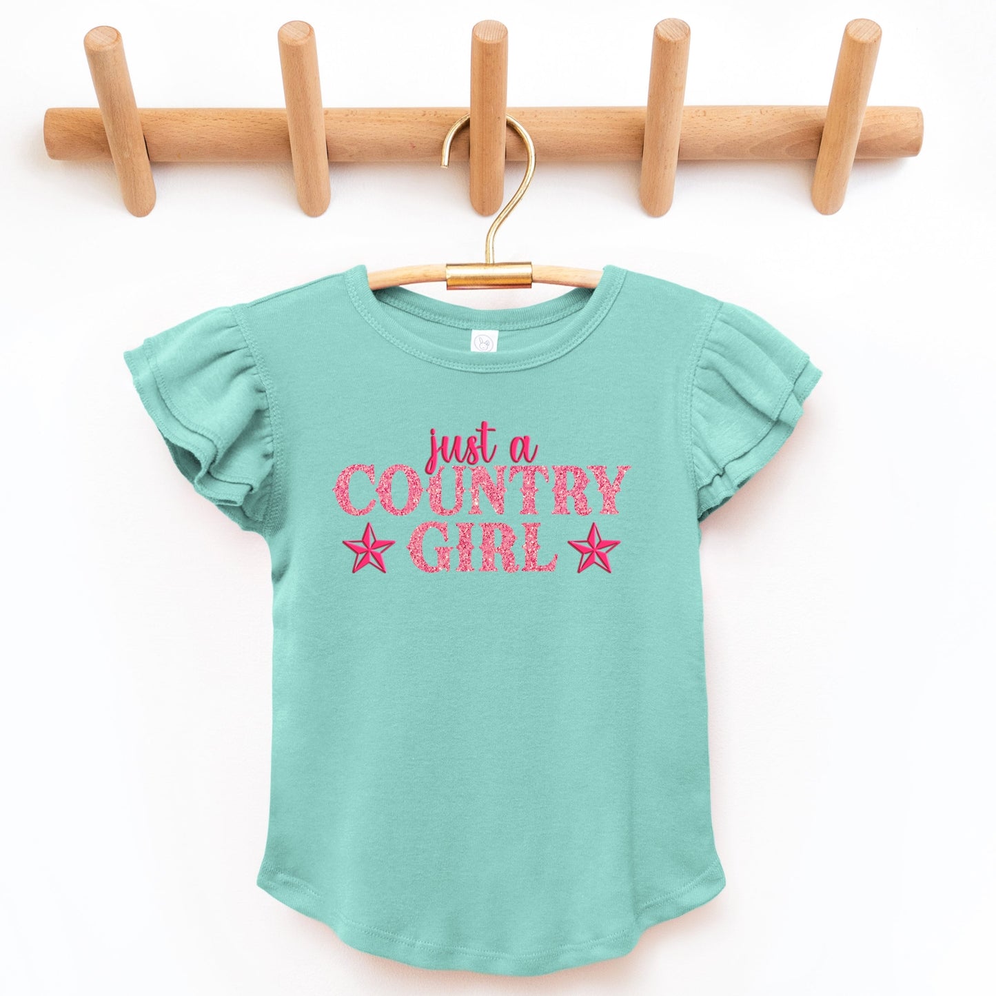Just A Country Girl Stars Glitter/Puff Print - Flutter Sleeve Graphic T-Shirt