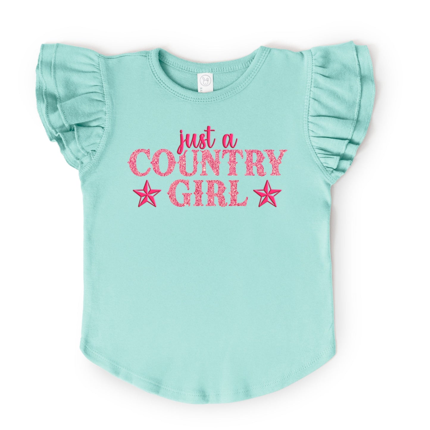 Just A Country Girl Stars Glitter/Puff Print - Flutter Sleeve Graphic T-Shirt