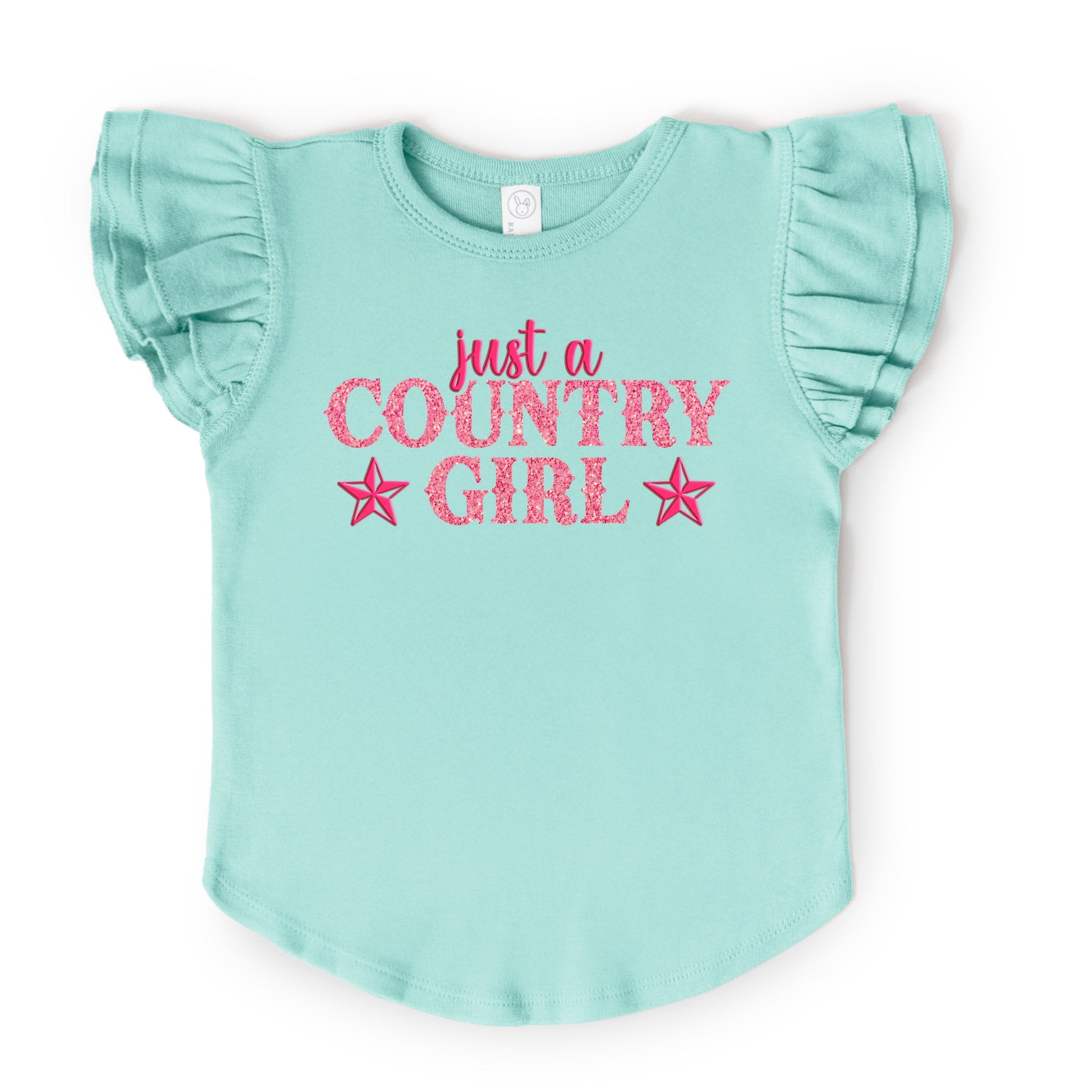 Just A Country Girl Stars Glitter/Puff Print - Flutter Sleeve Graphic T-Shirt