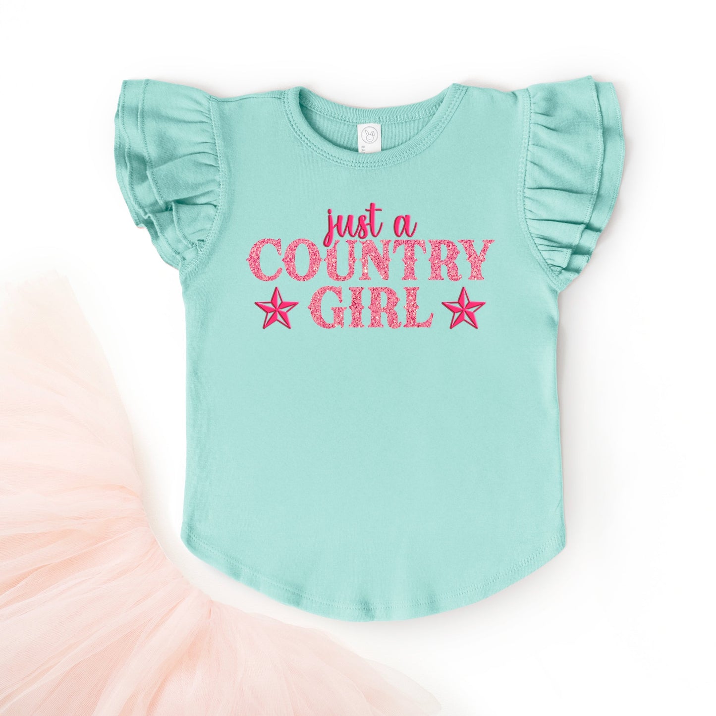 Just A Country Girl Stars Glitter/Puff Print - Flutter Sleeve Graphic T-Shirt