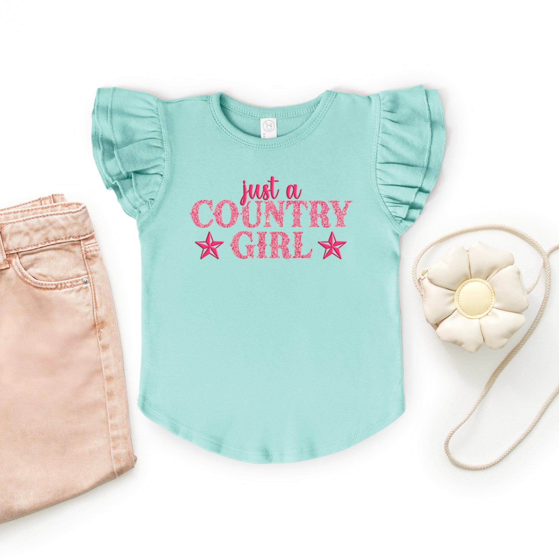 Just A Country Girl Stars Glitter/Puff Print - Flutter Sleeve Graphic T-Shirt