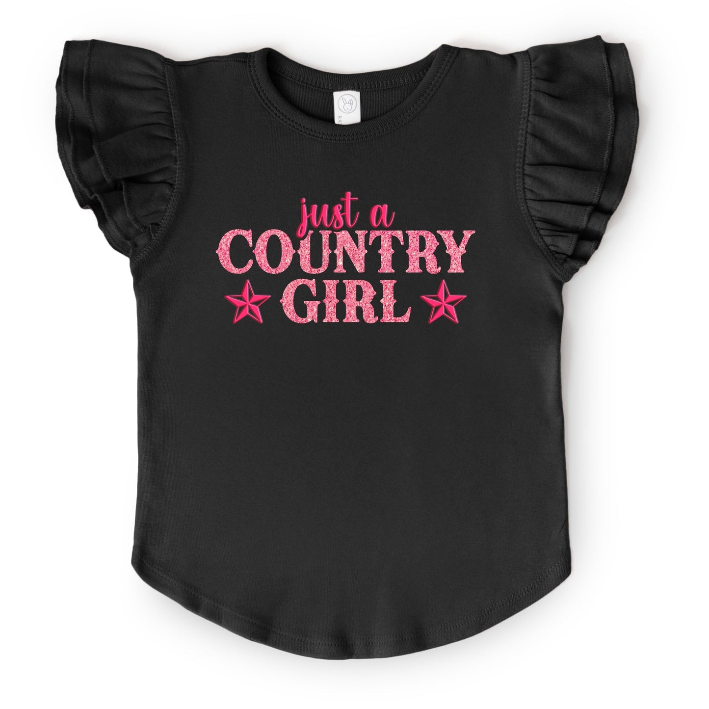 Just A Country Girl Stars Glitter/Puff Print - Flutter Sleeve Graphic T-Shirt