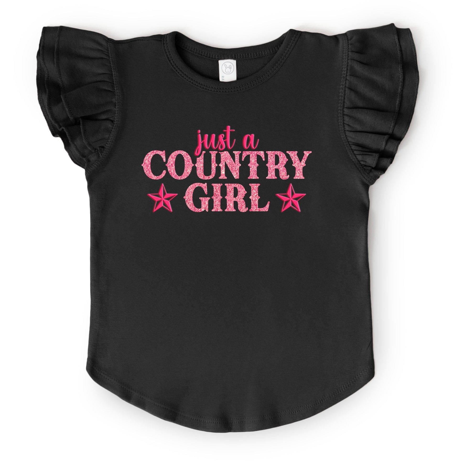 Just A Country Girl Stars Glitter/Puff Print - Flutter Sleeve Graphic T-Shirt