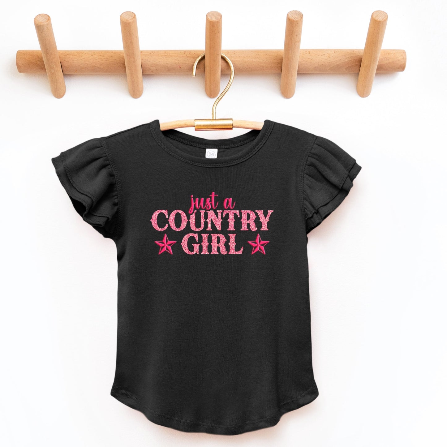 Just A Country Girl Stars Glitter/Puff Print - Flutter Sleeve Graphic T-Shirt