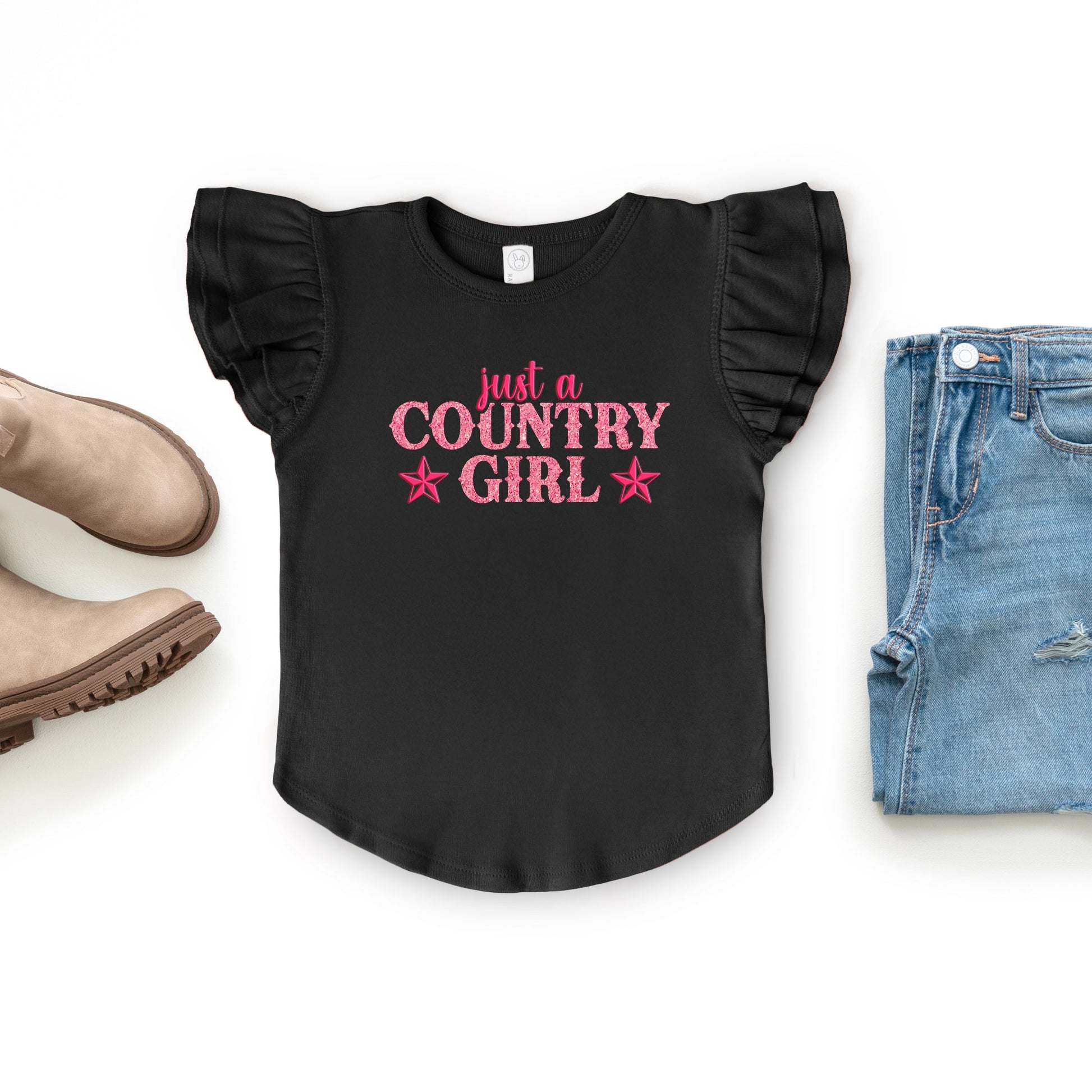 Just A Country Girl Stars Glitter/Puff Print - Flutter Sleeve Graphic T-Shirt