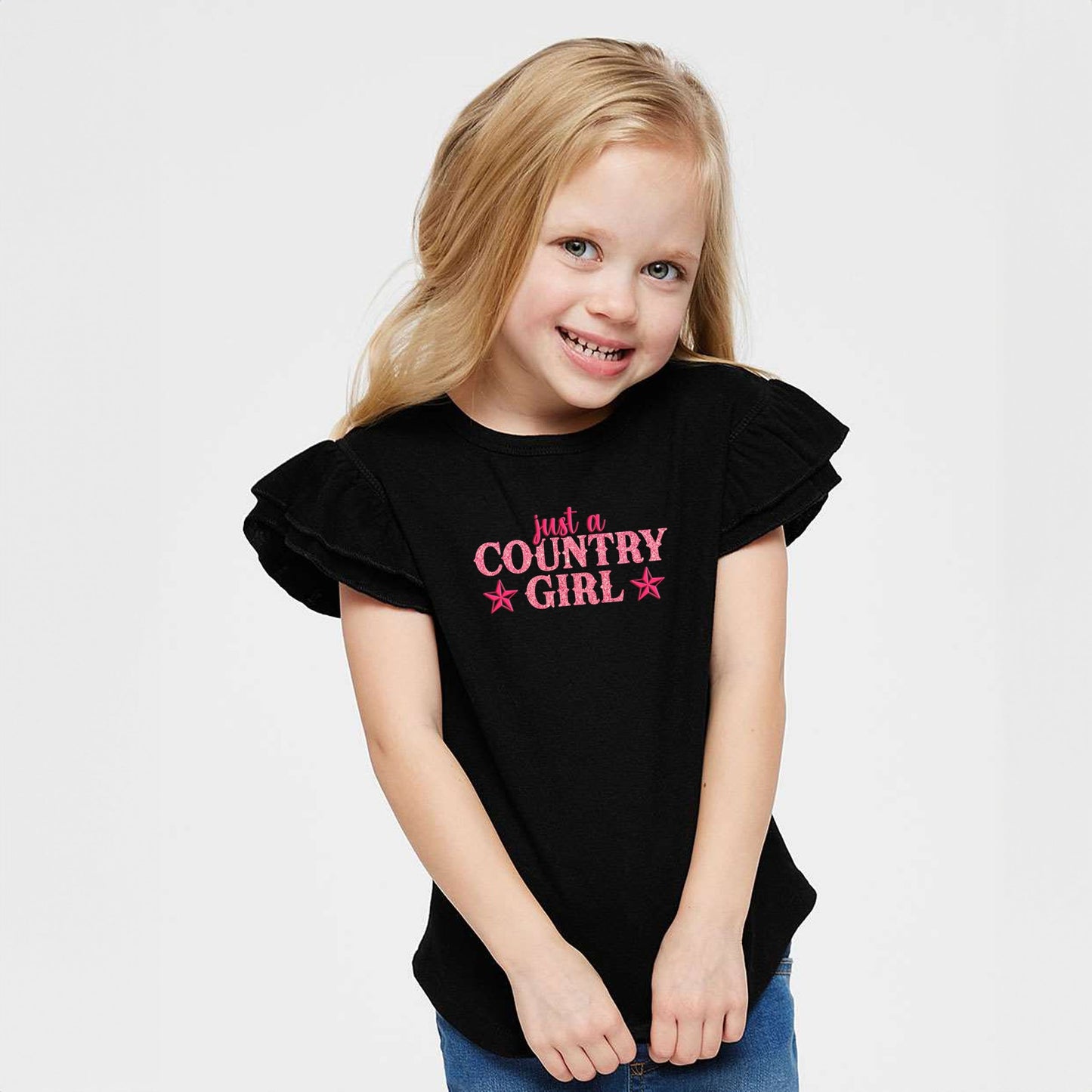 Just A Country Girl Stars Glitter/Puff Print - Flutter Sleeve Graphic T-Shirt