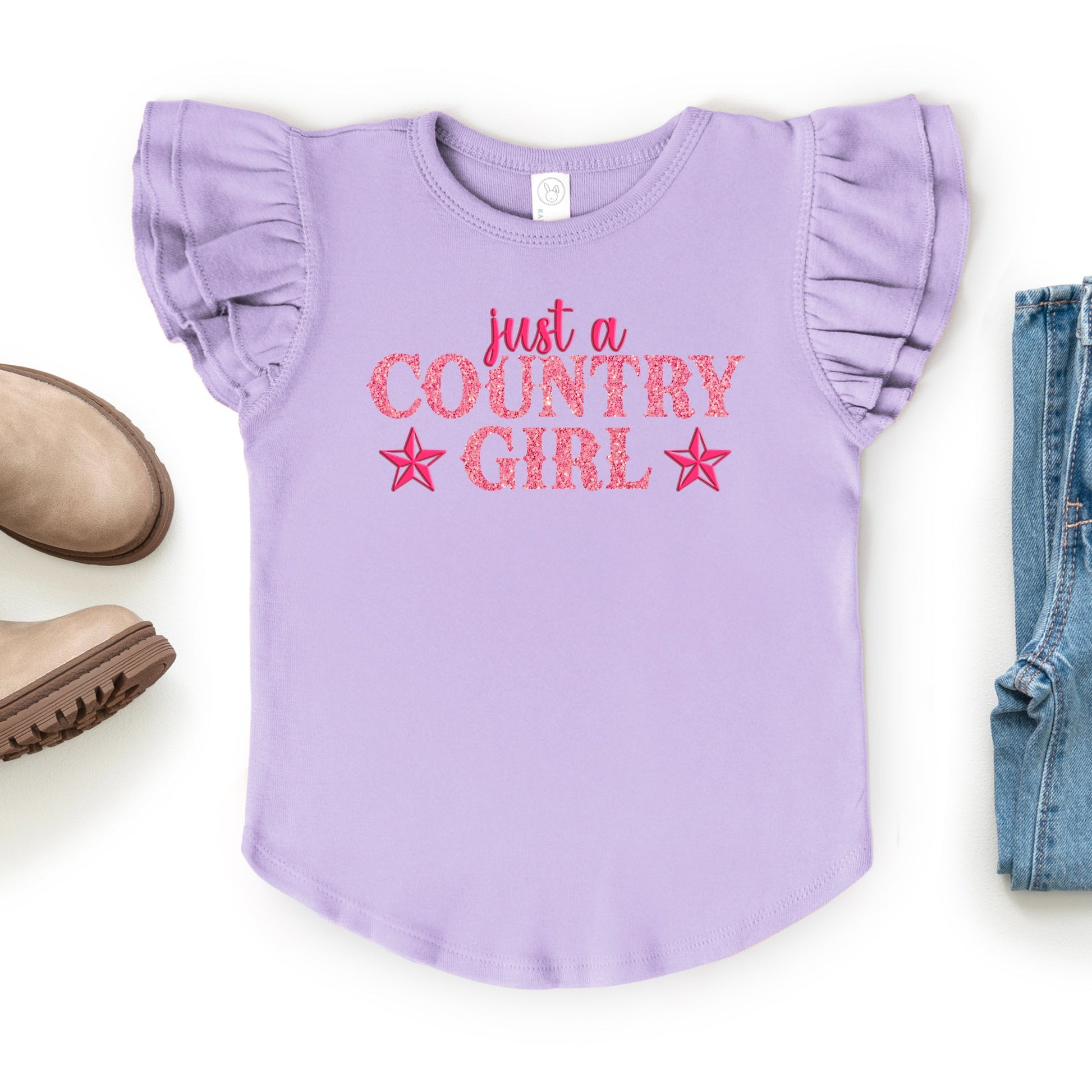 Just A Country Girl Stars Glitter/Puff Print - Flutter Sleeve Graphic T-Shirt