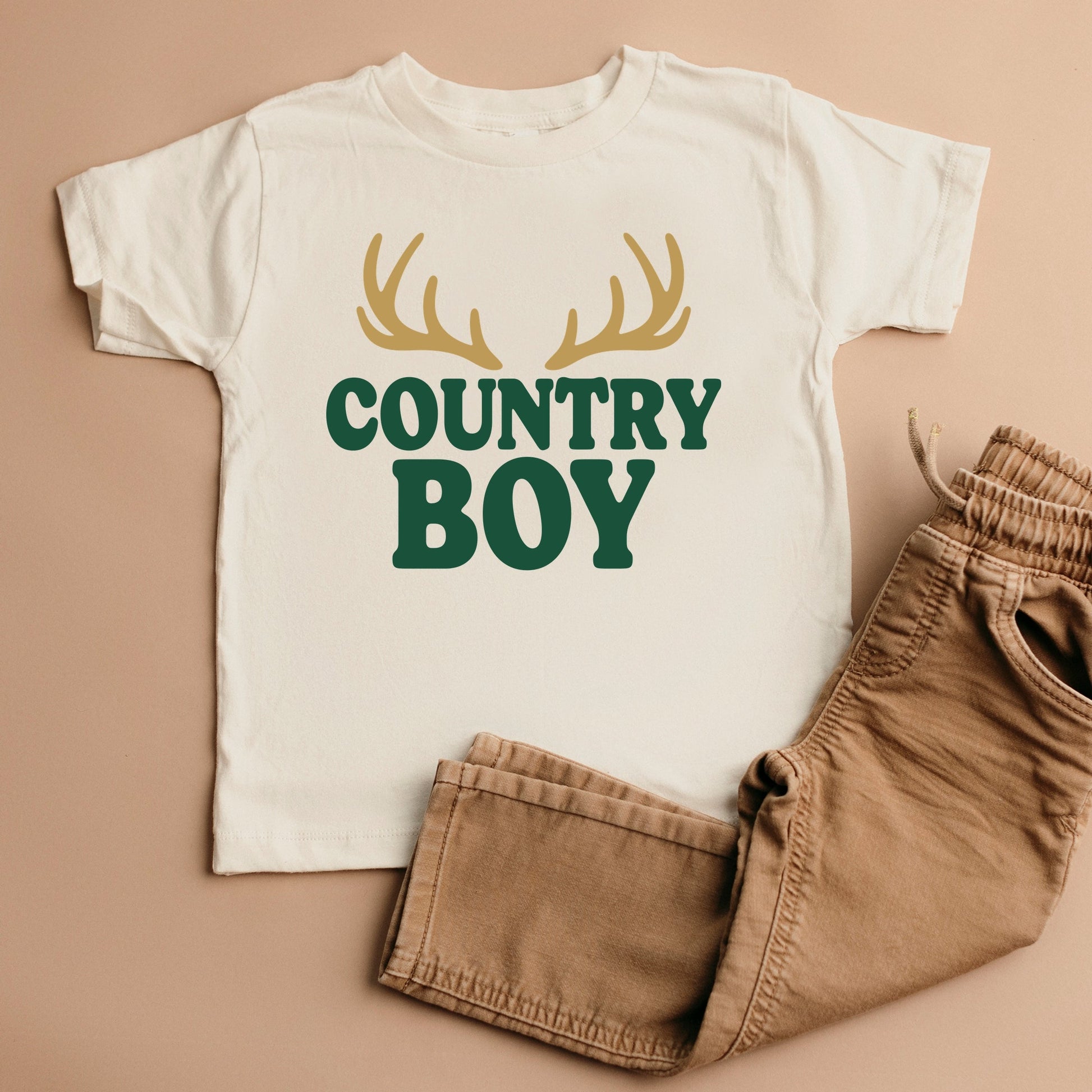 Country Boy Antlers Puff Print - Toddler Short Sleeve Graphic T-Shirt