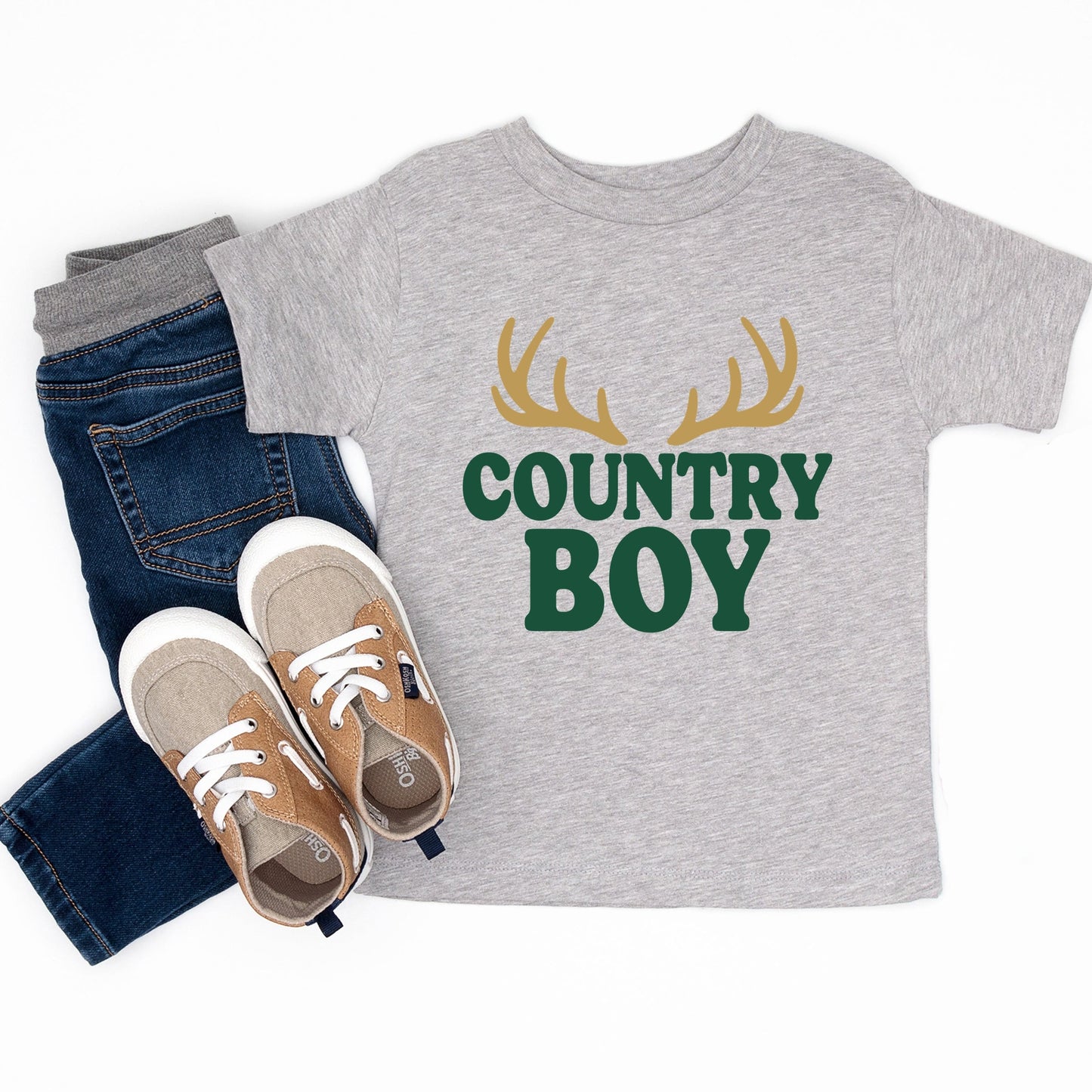 Country Boy Antlers Puff Print - Toddler Short Sleeve Graphic T-Shirt