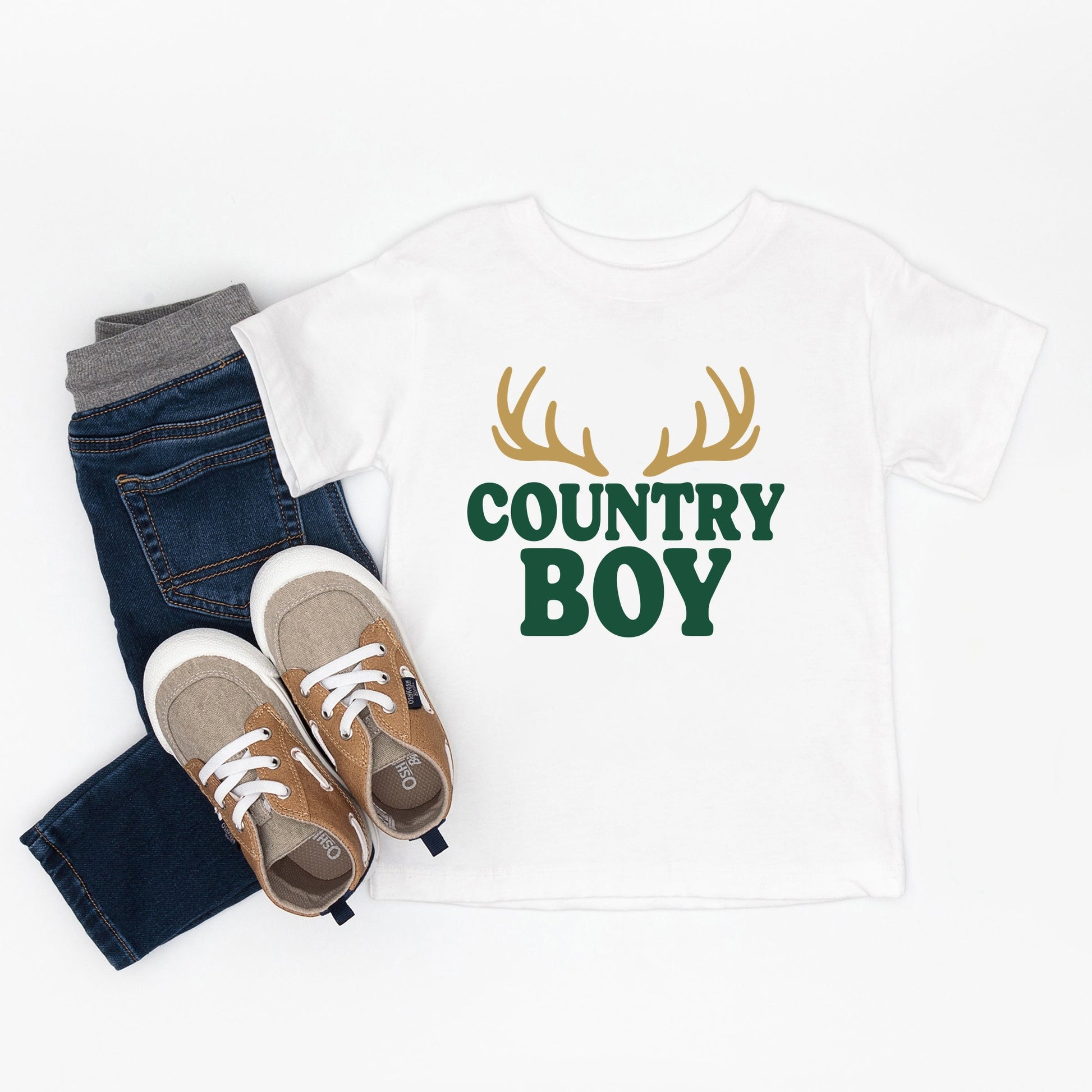 Country Boy Antlers Puff Print - Toddler Short Sleeve Graphic T-Shirt