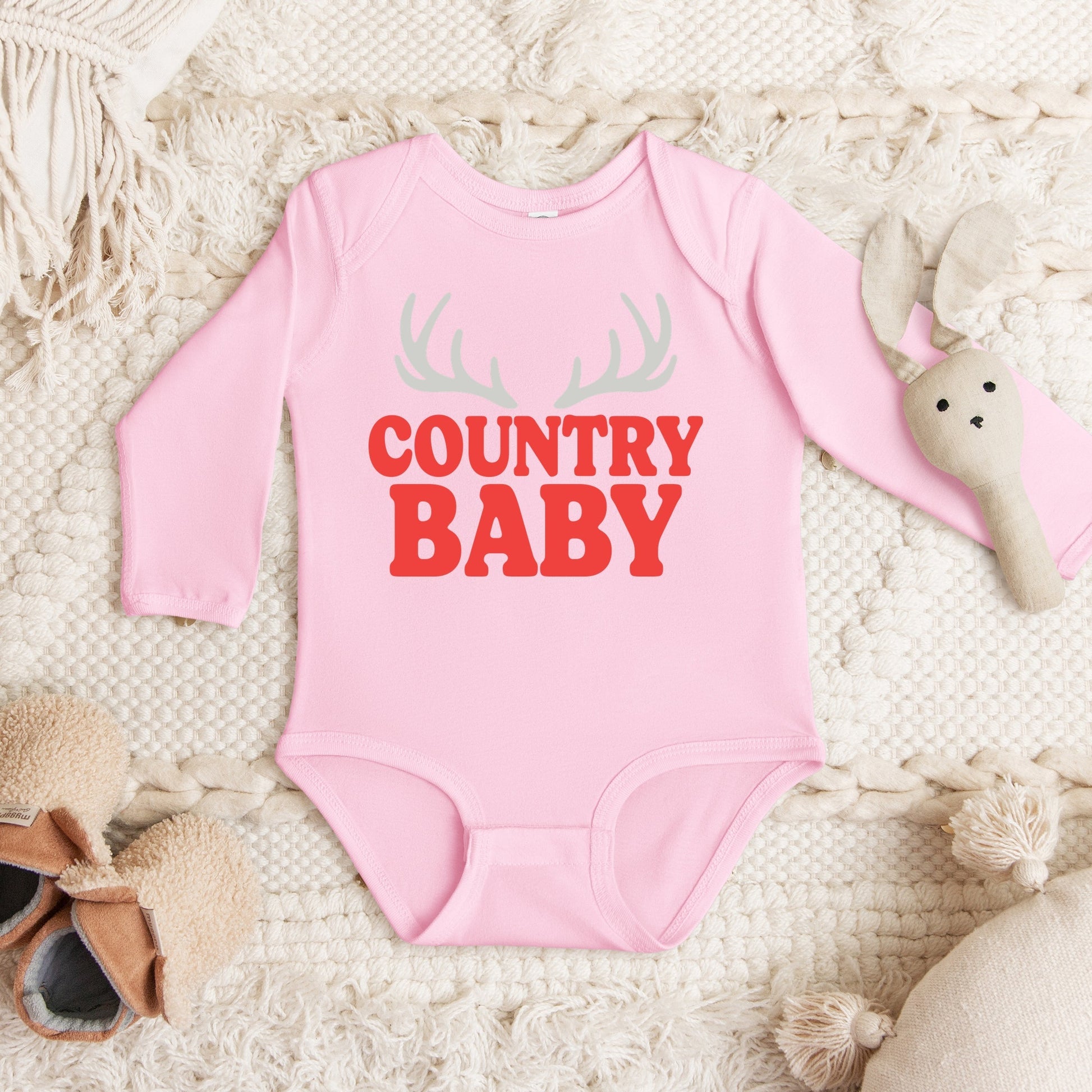 Country Baby Antlers Puff Print  - Baby Long Sleeve Bodysuit