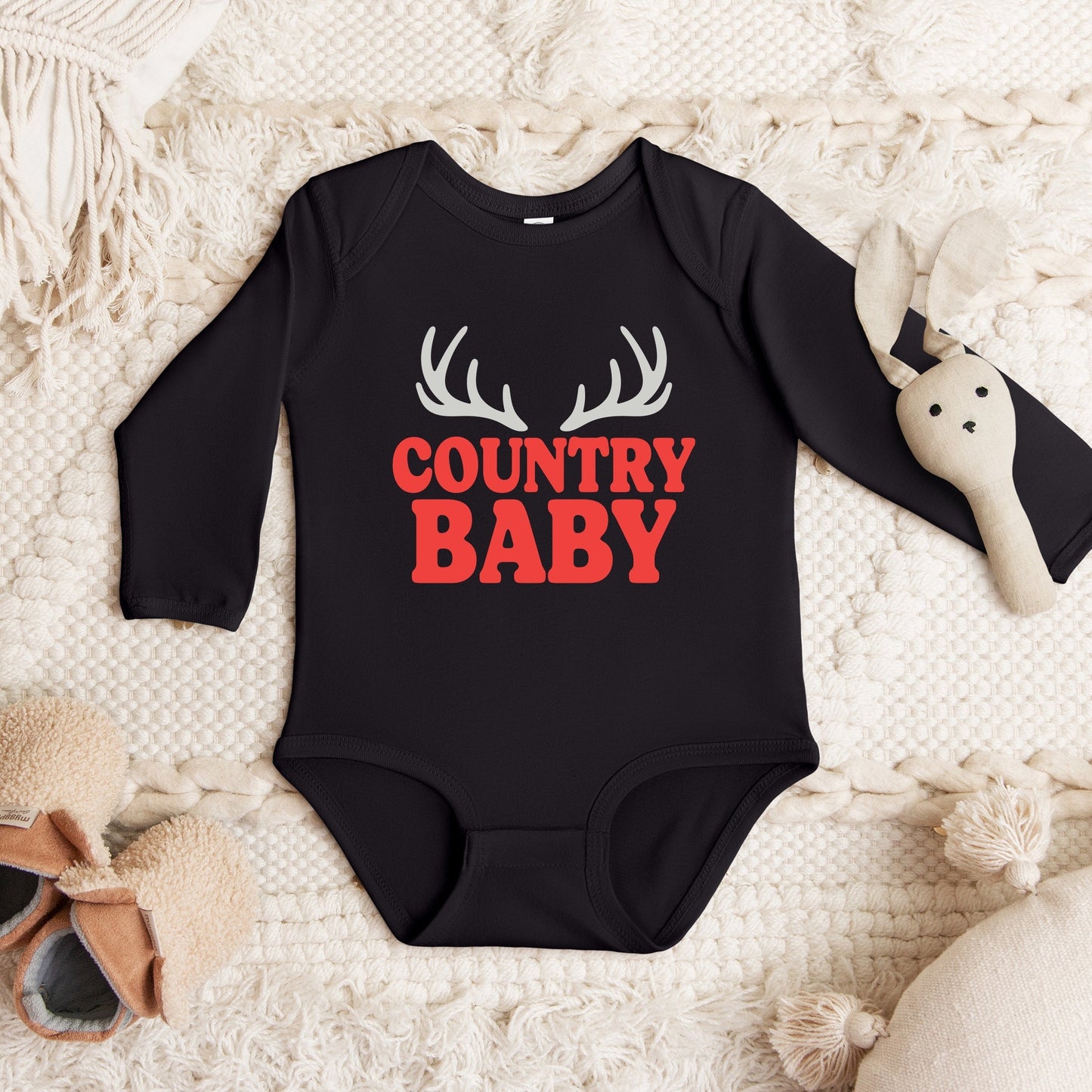 Country Baby Antlers Puff Print  - Baby Long Sleeve Bodysuit