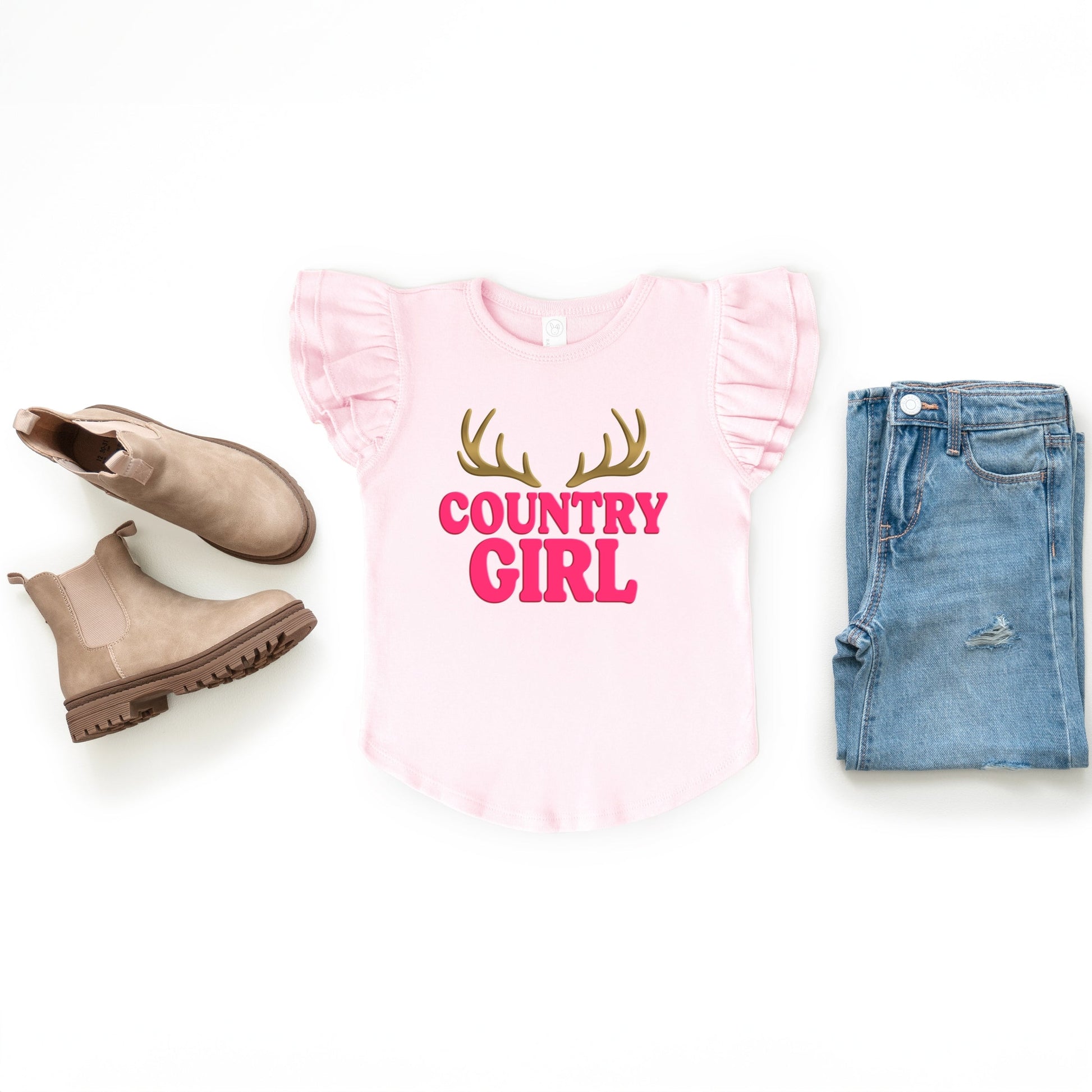 Country Girl Antlers Puff Print  - Flutter Sleeve Graphic T-Shirt