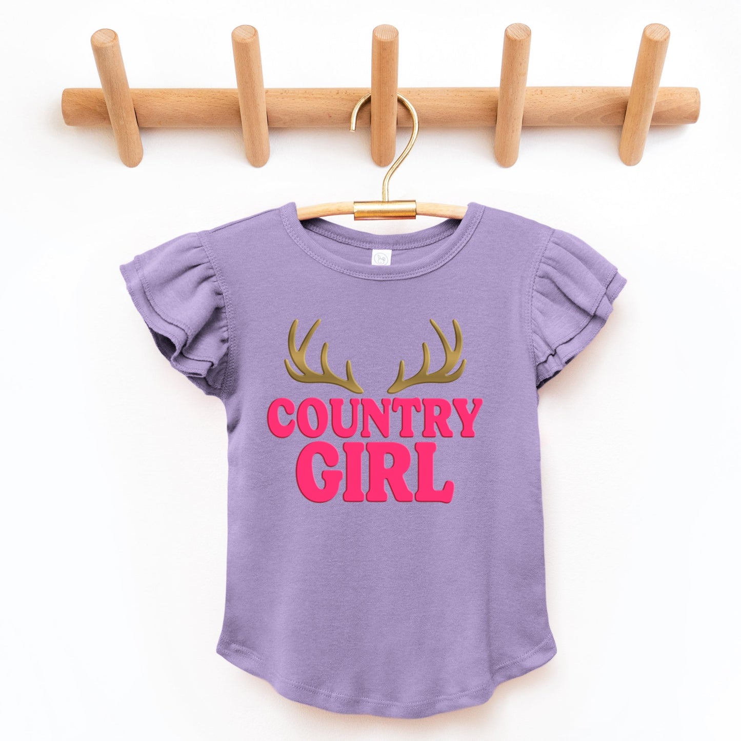 Country Girl Antlers Puff Print  - Flutter Sleeve Graphic T-Shirt