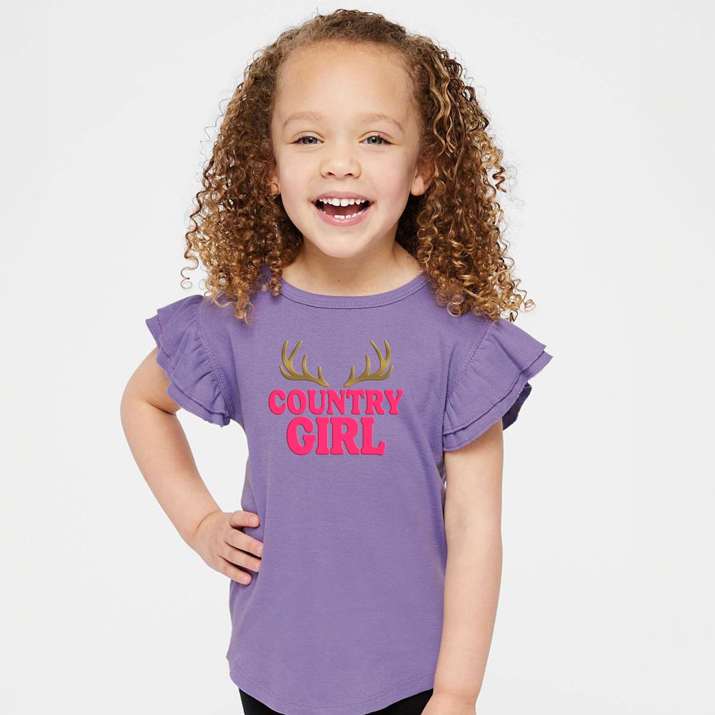 Country Girl Antlers Puff Print  - Flutter Sleeve Graphic T-Shirt