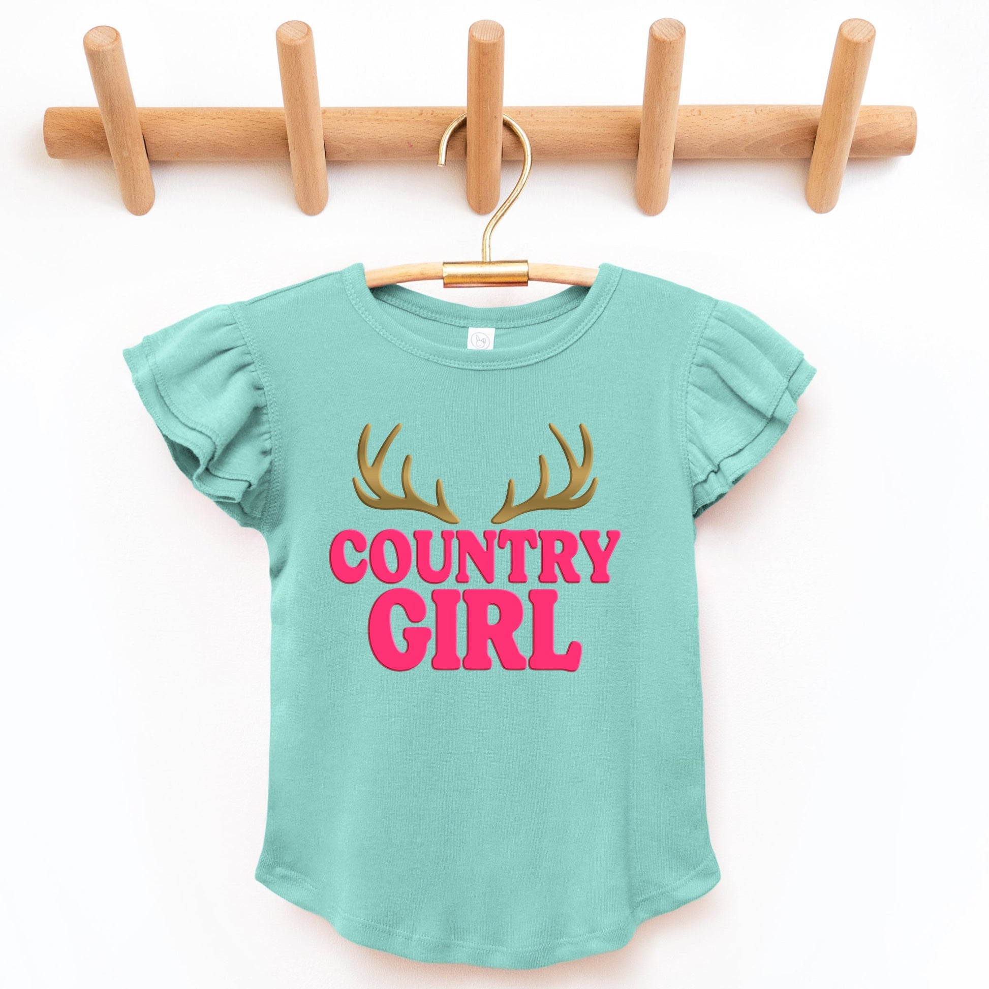 Country Girl Antlers Puff Print  - Flutter Sleeve Graphic T-Shirt