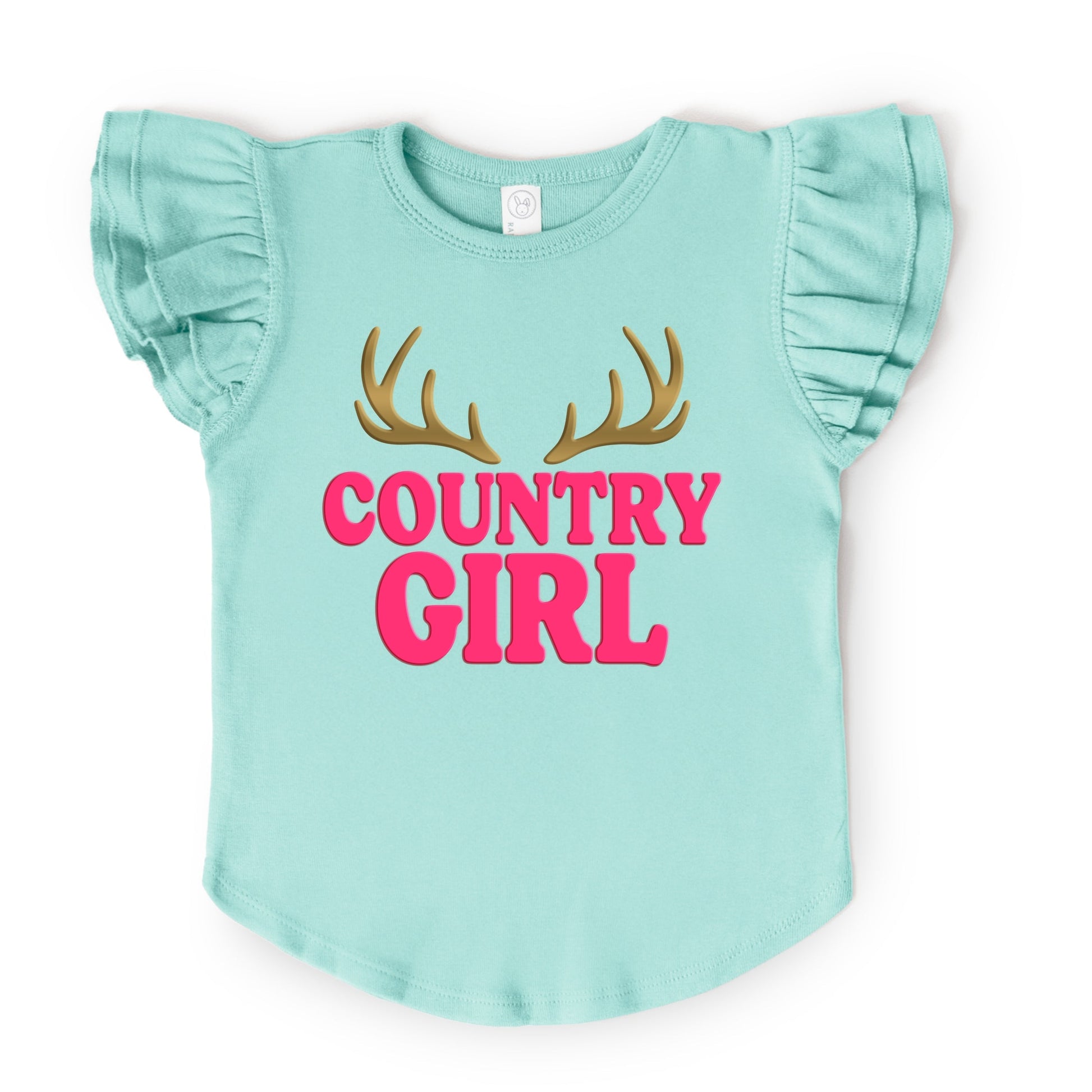 Country Girl Antlers Puff Print  - Flutter Sleeve Graphic T-Shirt