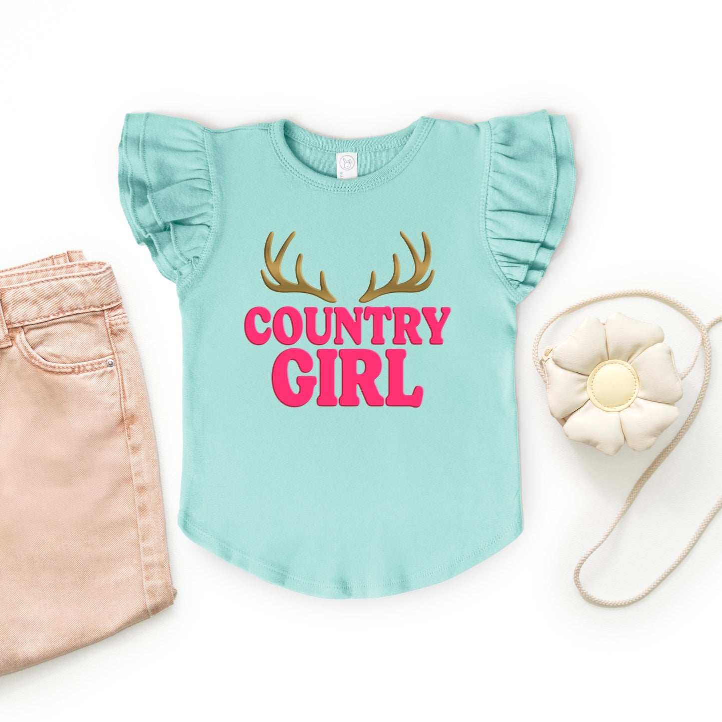 Country Girl Antlers Puff Print  - Flutter Sleeve Graphic T-Shirt