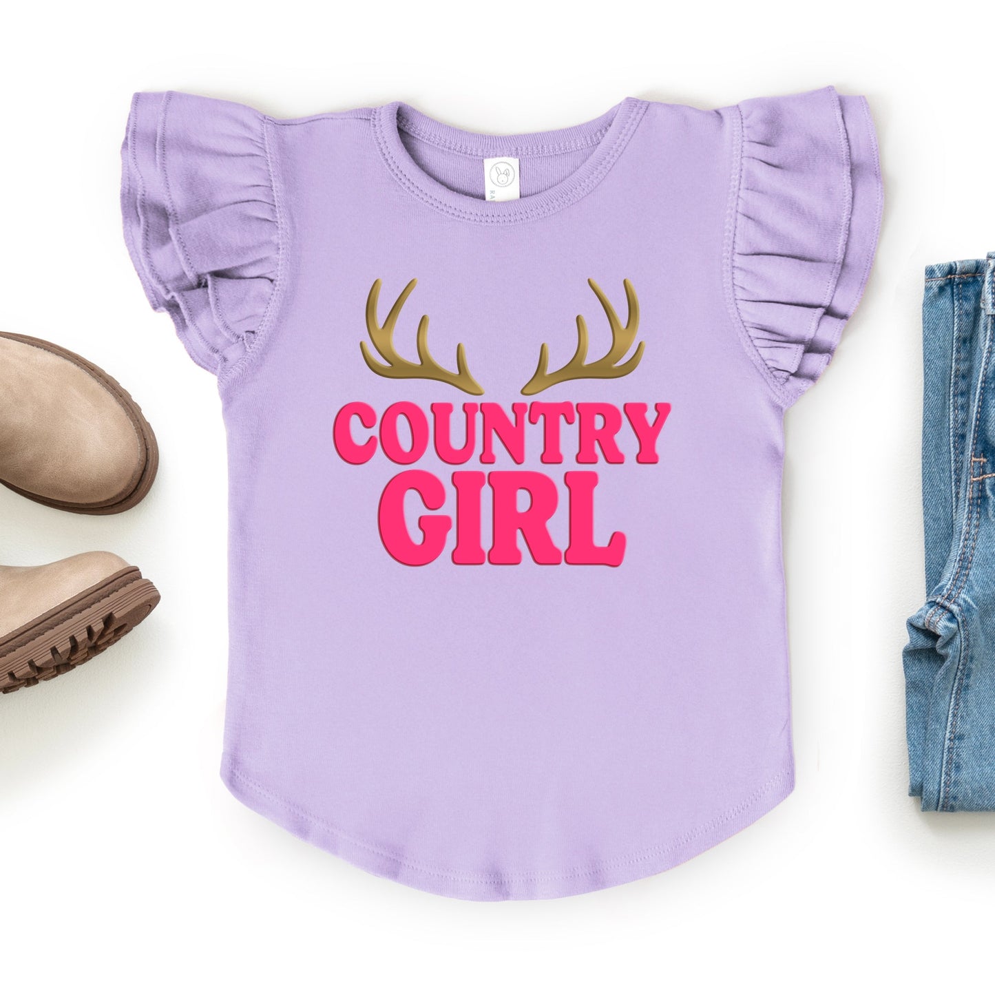 Country Girl Antlers Puff Print  - Flutter Sleeve Graphic T-Shirt