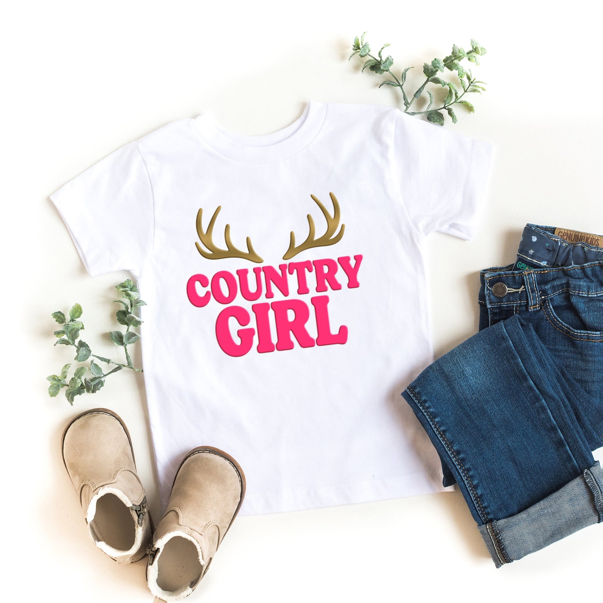 Country Girl Antlers Puff Print  - Toddler Short Sleeve Graphic T-Shirt
