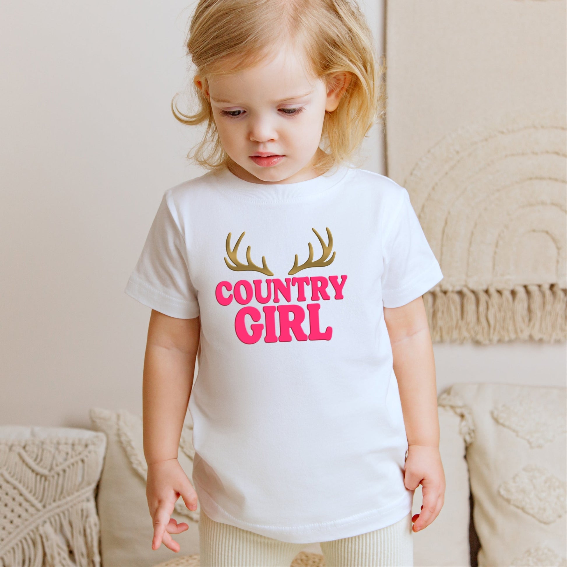 Country Girl Antlers Puff Print  - Toddler Short Sleeve Graphic T-Shirt