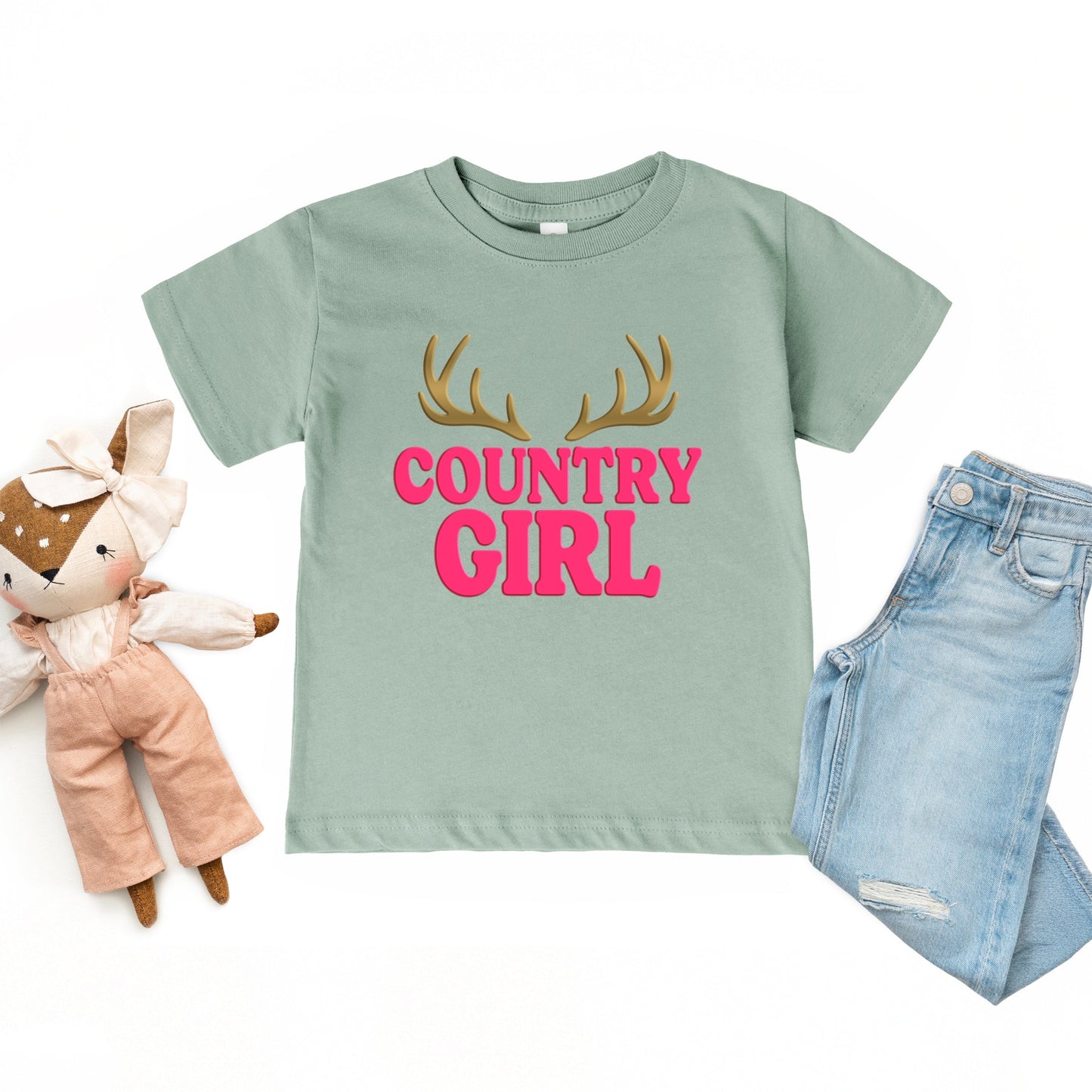 Country Girl Antlers Puff Print  - Toddler Short Sleeve Graphic T-Shirt