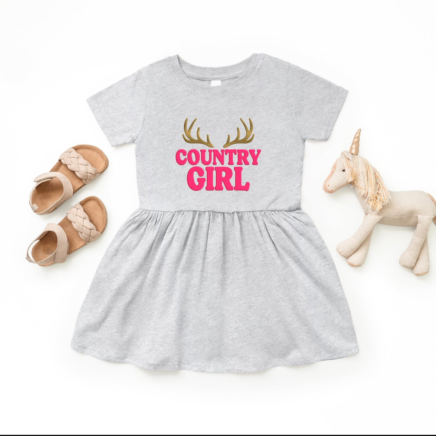 Country Girl Antlers Puff Print  - Toddler Graphic Dress