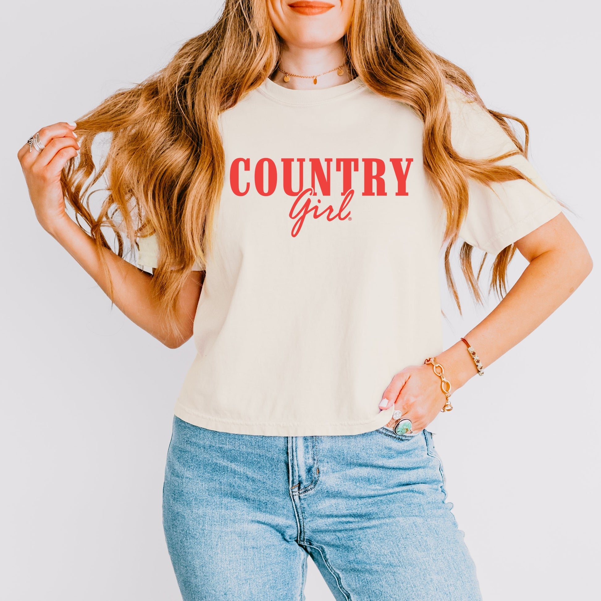 Country Girl Puff Print - Womens Boxy Crop Top Graphic T-Shirt