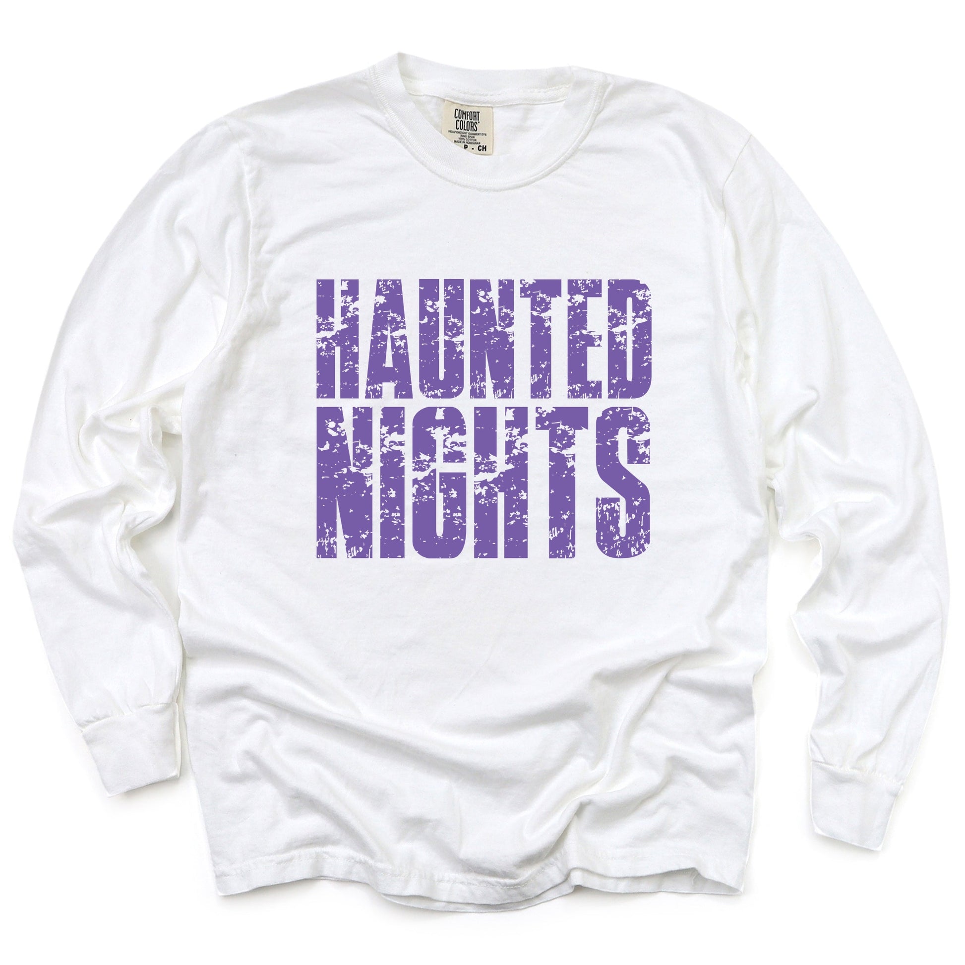 Haunted Nights Block Distressed - Women's Garment Dyed Long Sleeve Graphic T-Shirt