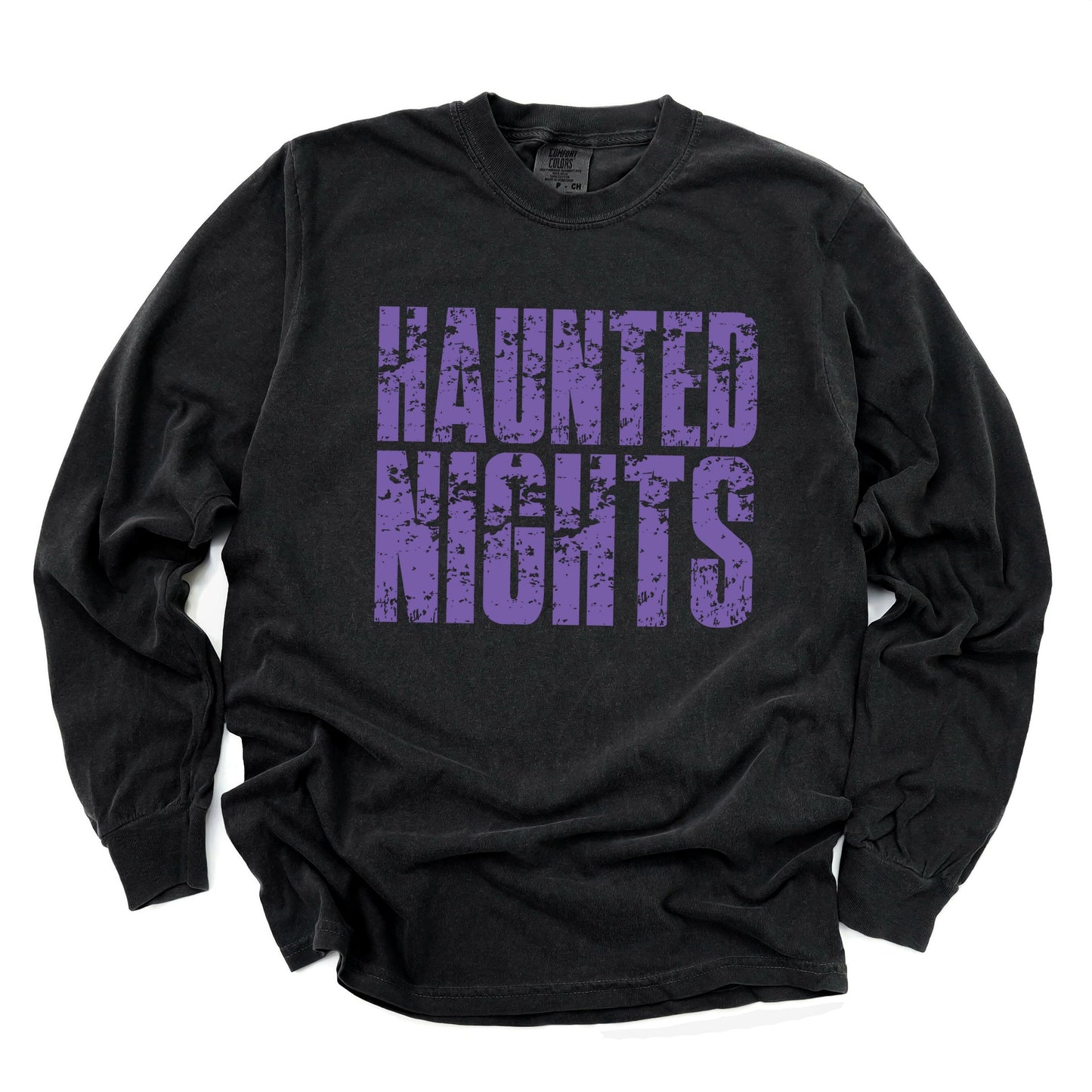 Haunted Nights Block Distressed - Women's Garment Dyed Long Sleeve Graphic T-Shirt