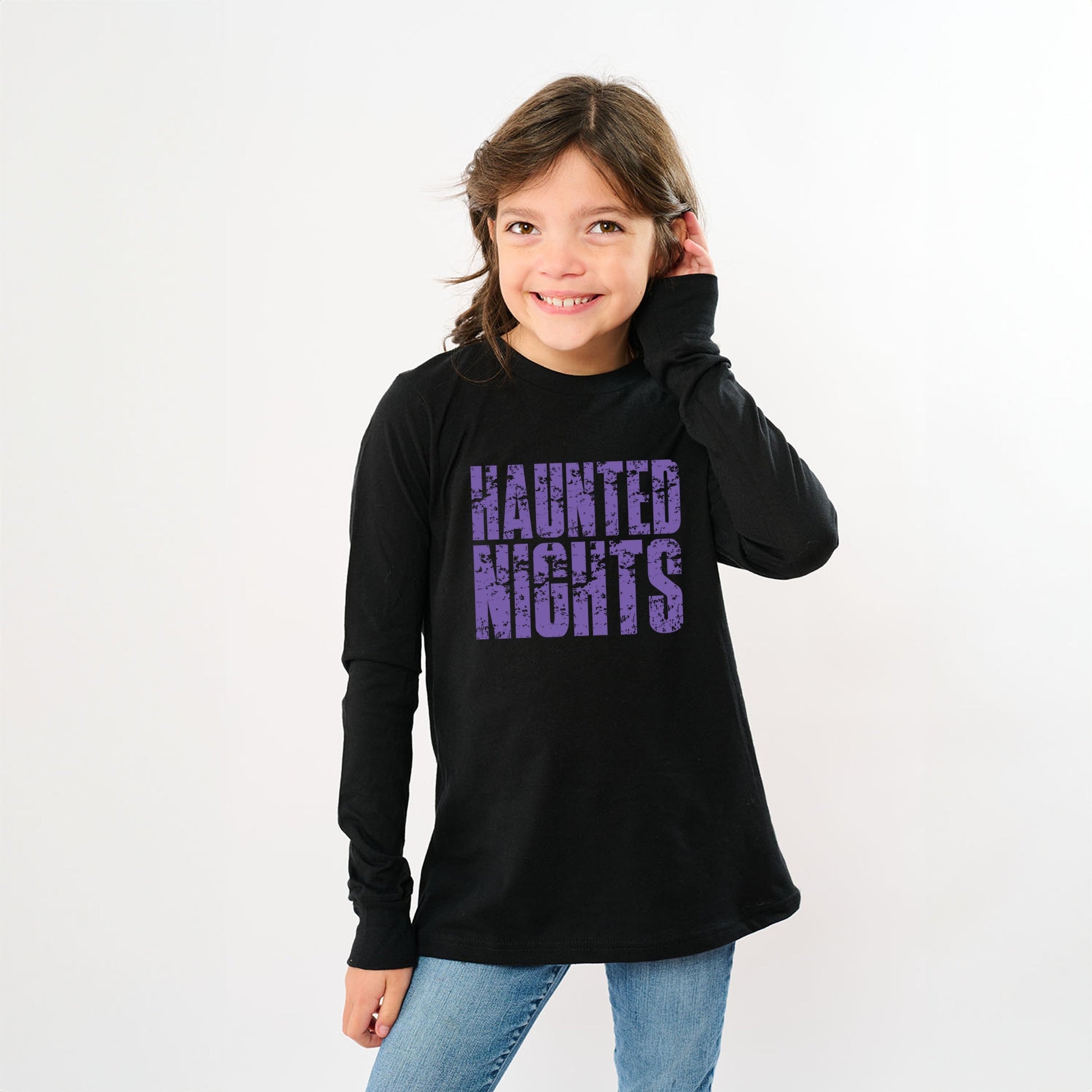 Haunted Nights Block Distressed - Youth Long Sleeve Graphic T-Shirt