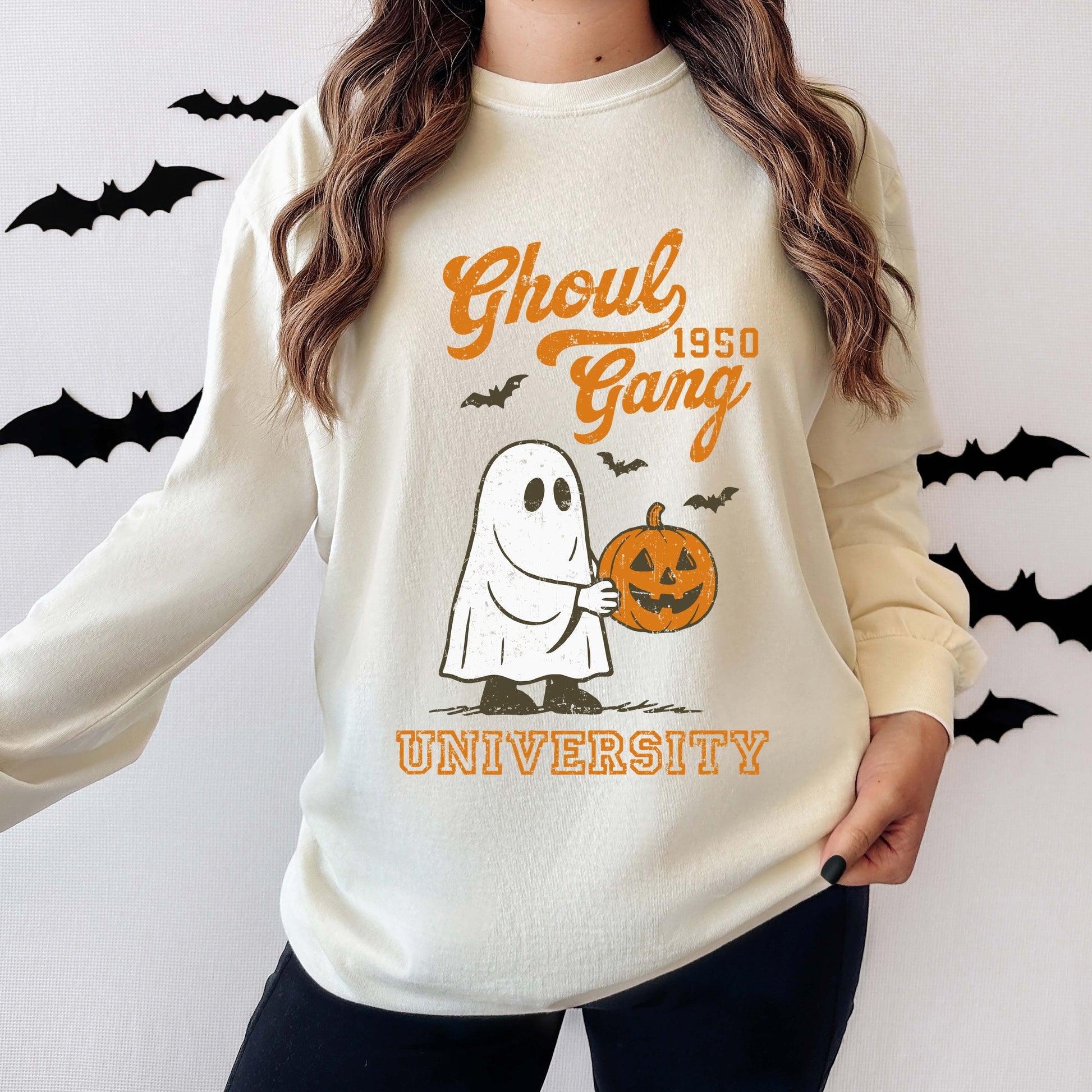 Ghoul Gang University 1950 - Women's Garment Dyed Long Sleeve Graphic T-Shirt