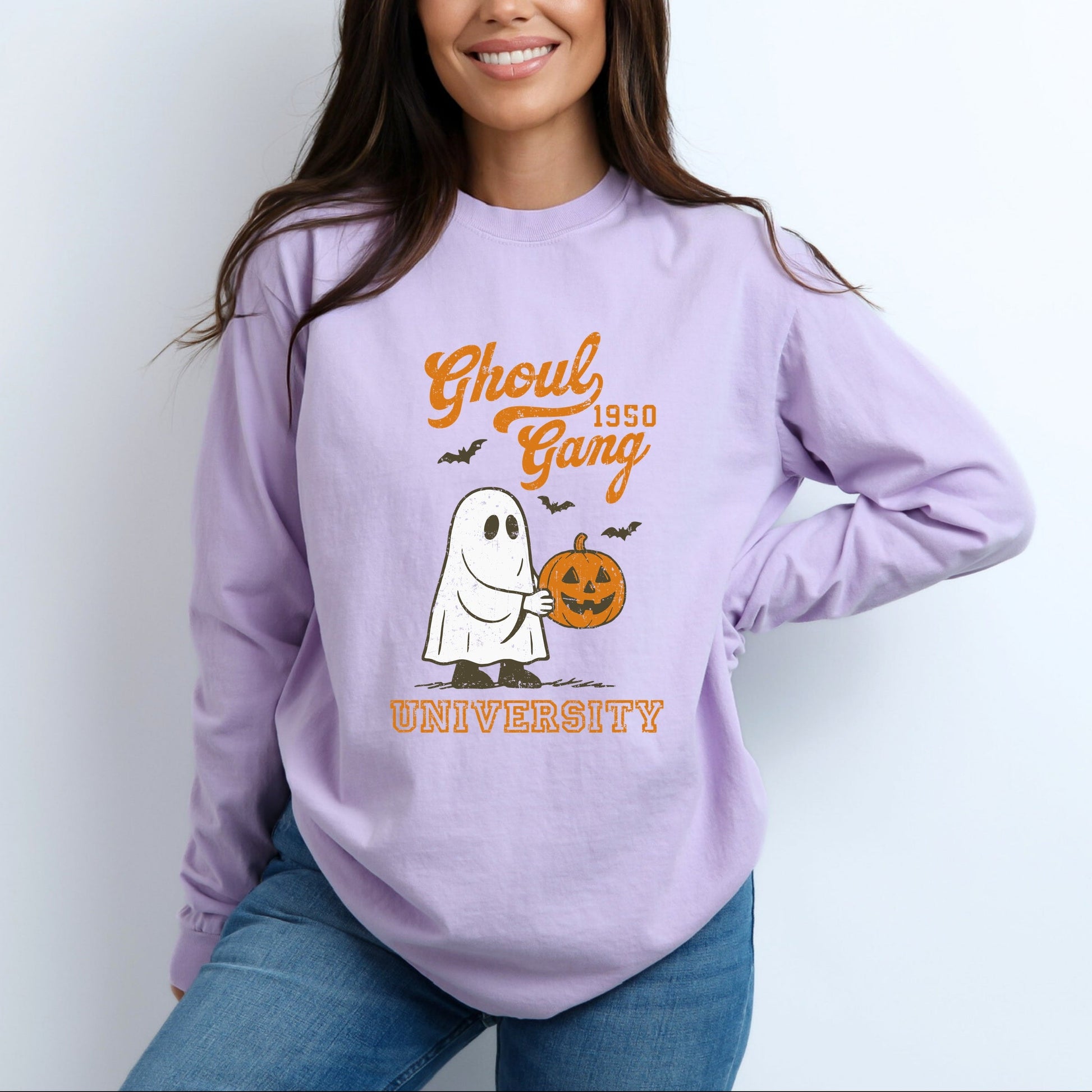 Ghoul Gang University 1950 - Women's Garment Dyed Long Sleeve Graphic T-Shirt