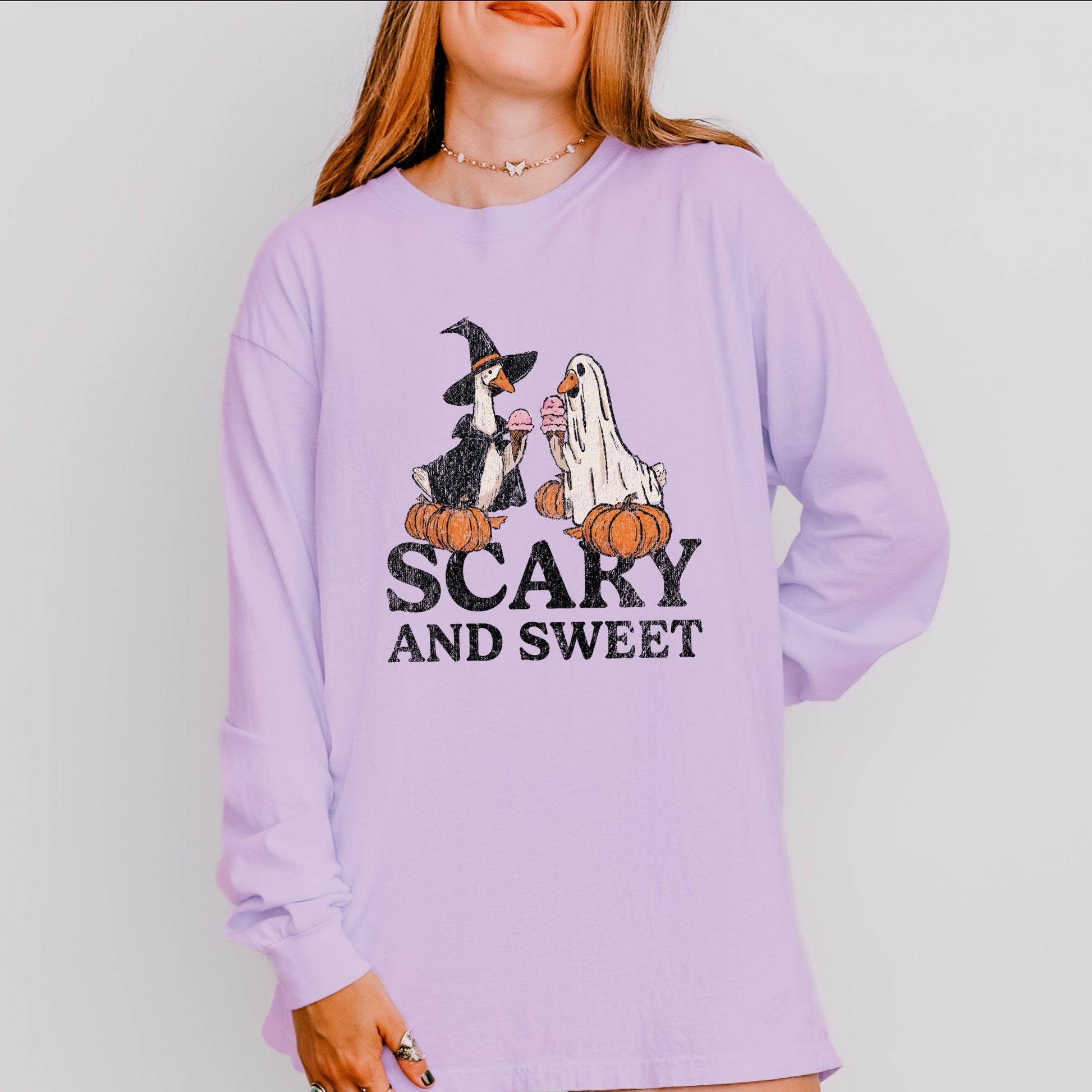 Scary and Sweet Geese - Women's Garment Dyed Long Sleeve Graphic T-Shirt