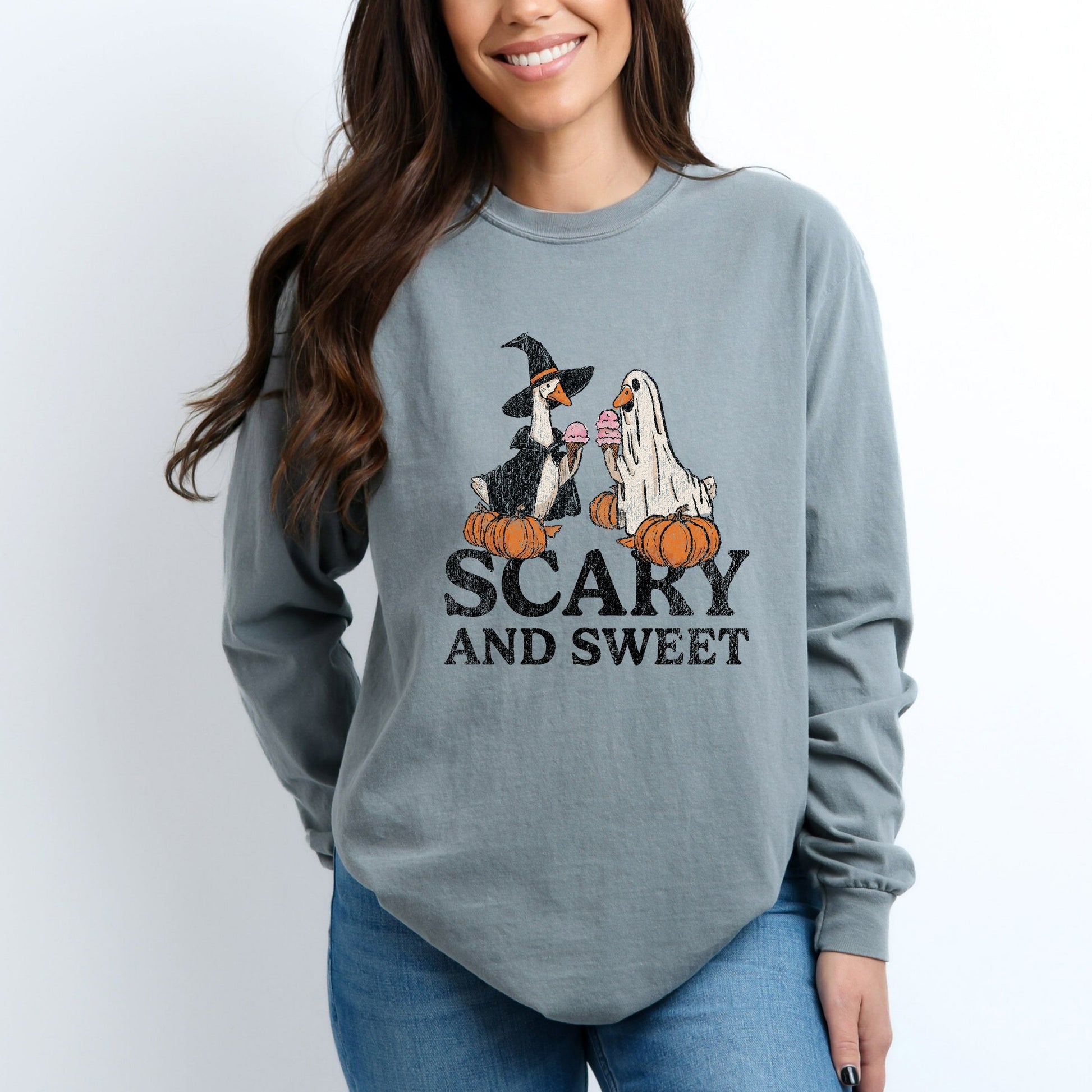 Scary and Sweet Geese - Women's Garment Dyed Long Sleeve Graphic T-Shirt